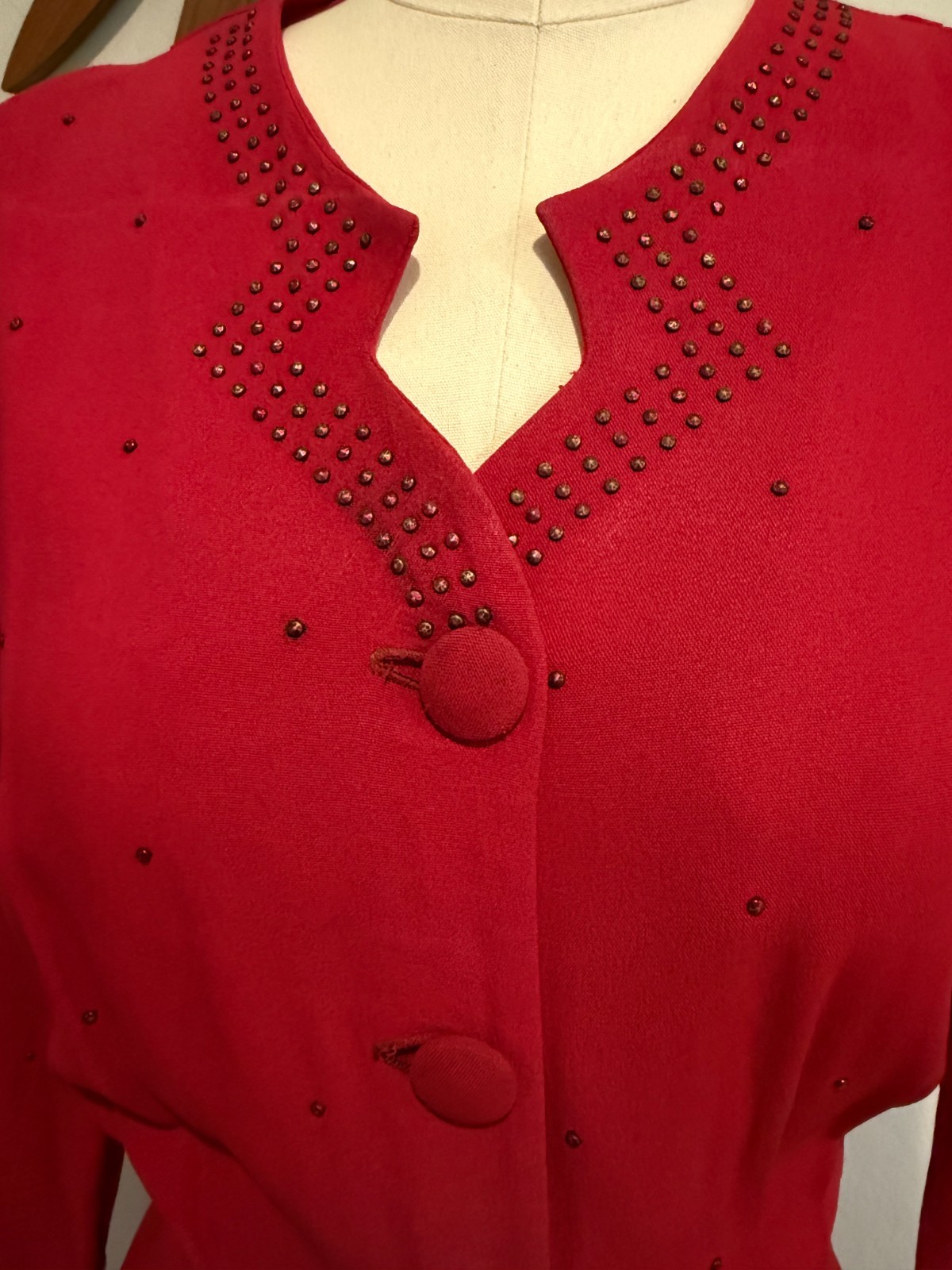 1940s Red Rayon Crepe Shirtwaist Dress with Studs Volup