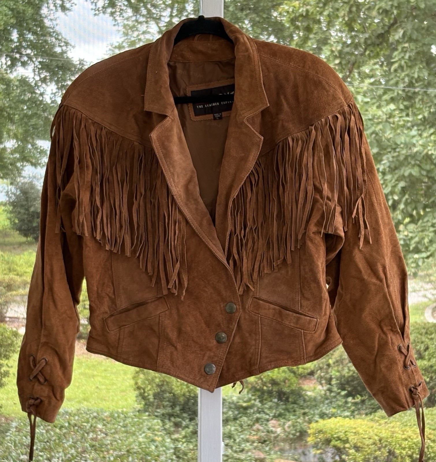 Vintage Women Western Rust Brown Suede Fringe Leather Jacket Cowboy Size Large