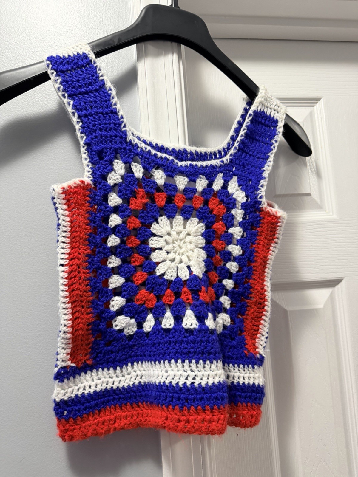 Vintage Crochet Festival Top Size Small Red White And Blue Color Square