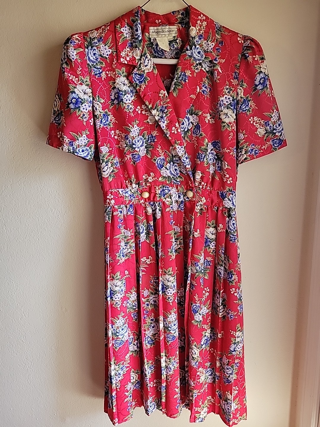 womens vintage secretary midi Collared dress S/M Red Floral Pleated Romantic USA
