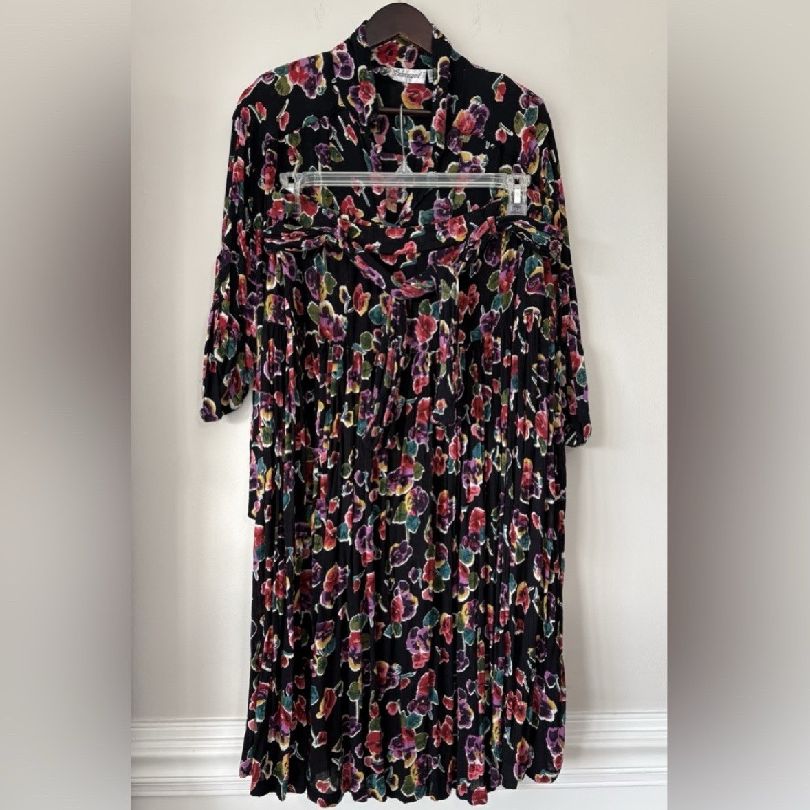 Vintage Rayon Two Piece Set Skirt 22W Jacket 20W Floral Black 90s Silvercord