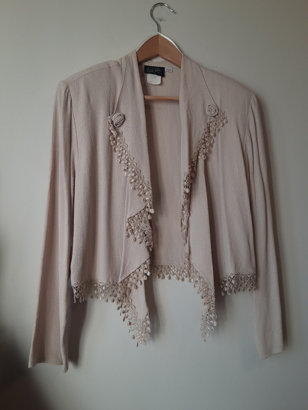 Wild Rose Vintage Beige Rose Lapels Lace Fringe Feminine Jacket Blazer Size 14