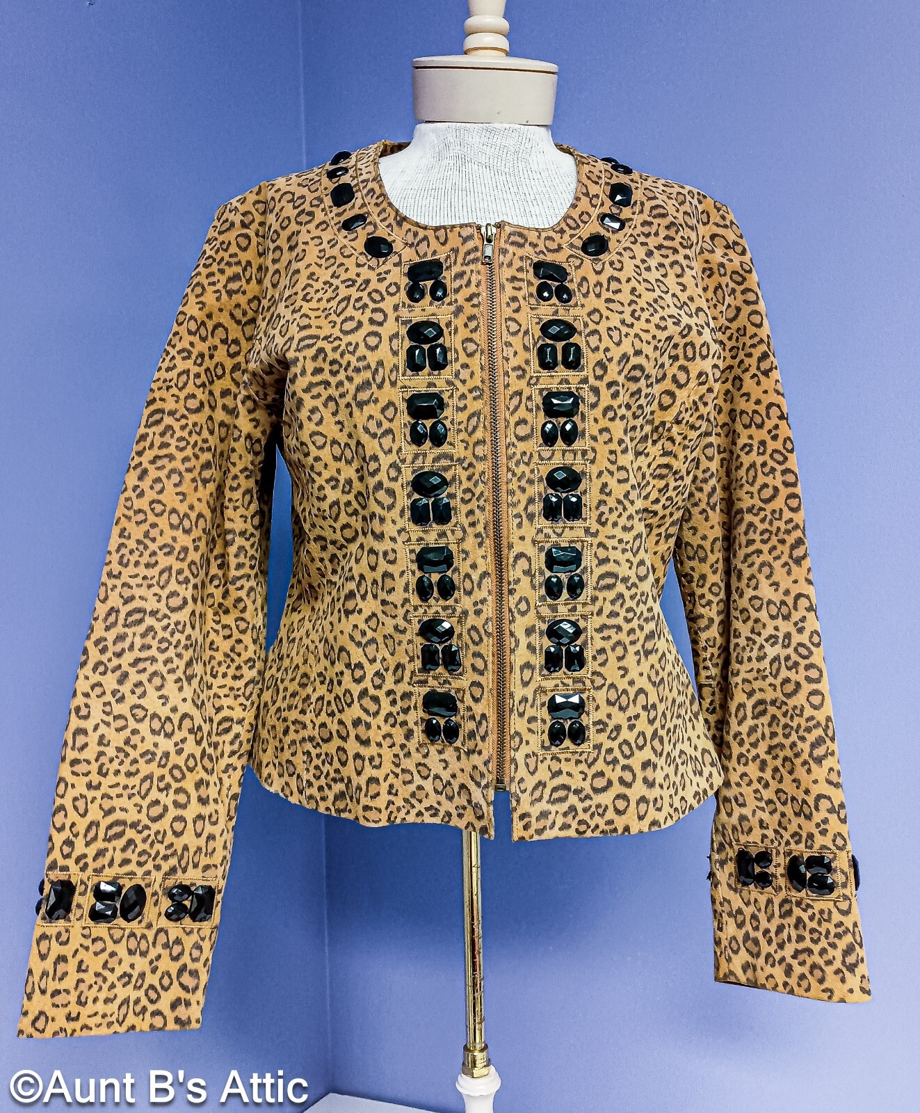 Leather Jacket Ladies Boston Proper Br/Blk Animal Print Jeweled Zip Jacket 16