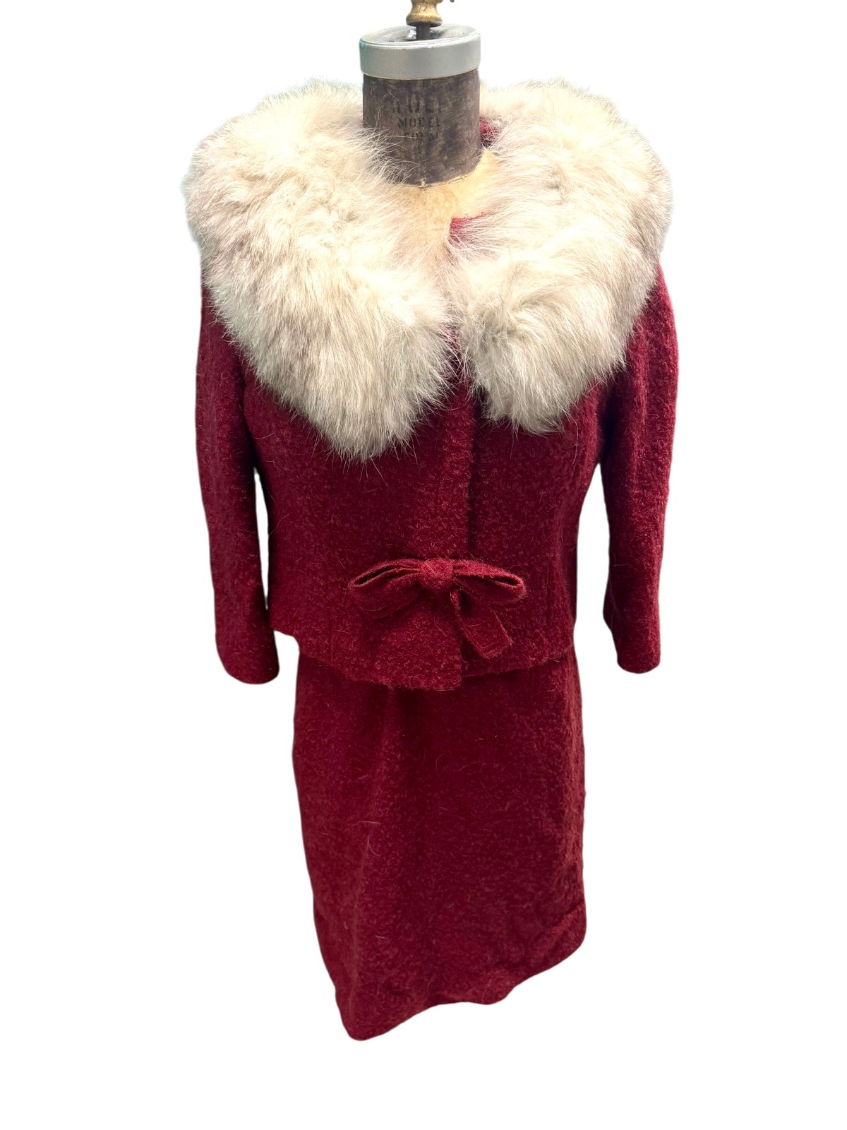 Vintage 1950s Abe Schrader Red Wool Dress & Jacket W/ Fox Fur Collar Small