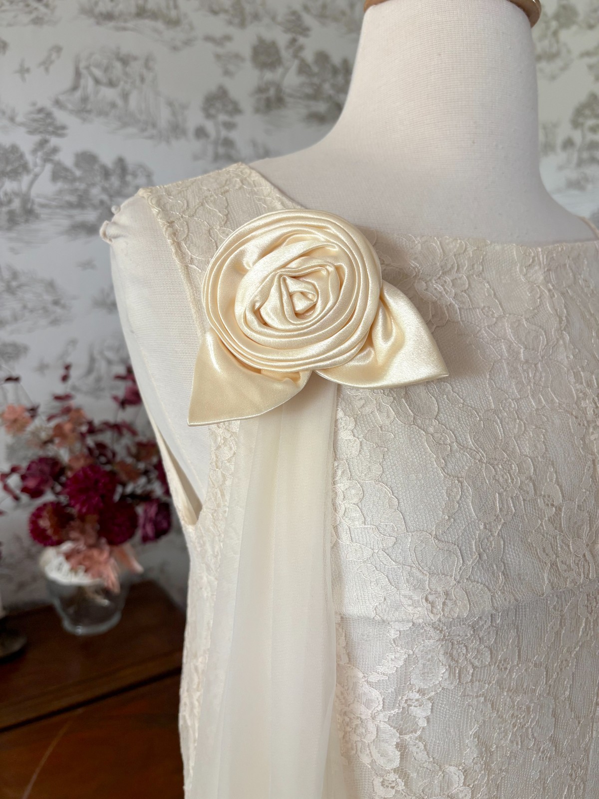 Vintage 60s Cream Lace Wedding Gown: Nylon, Sleeveless, Detachable Rosette Train