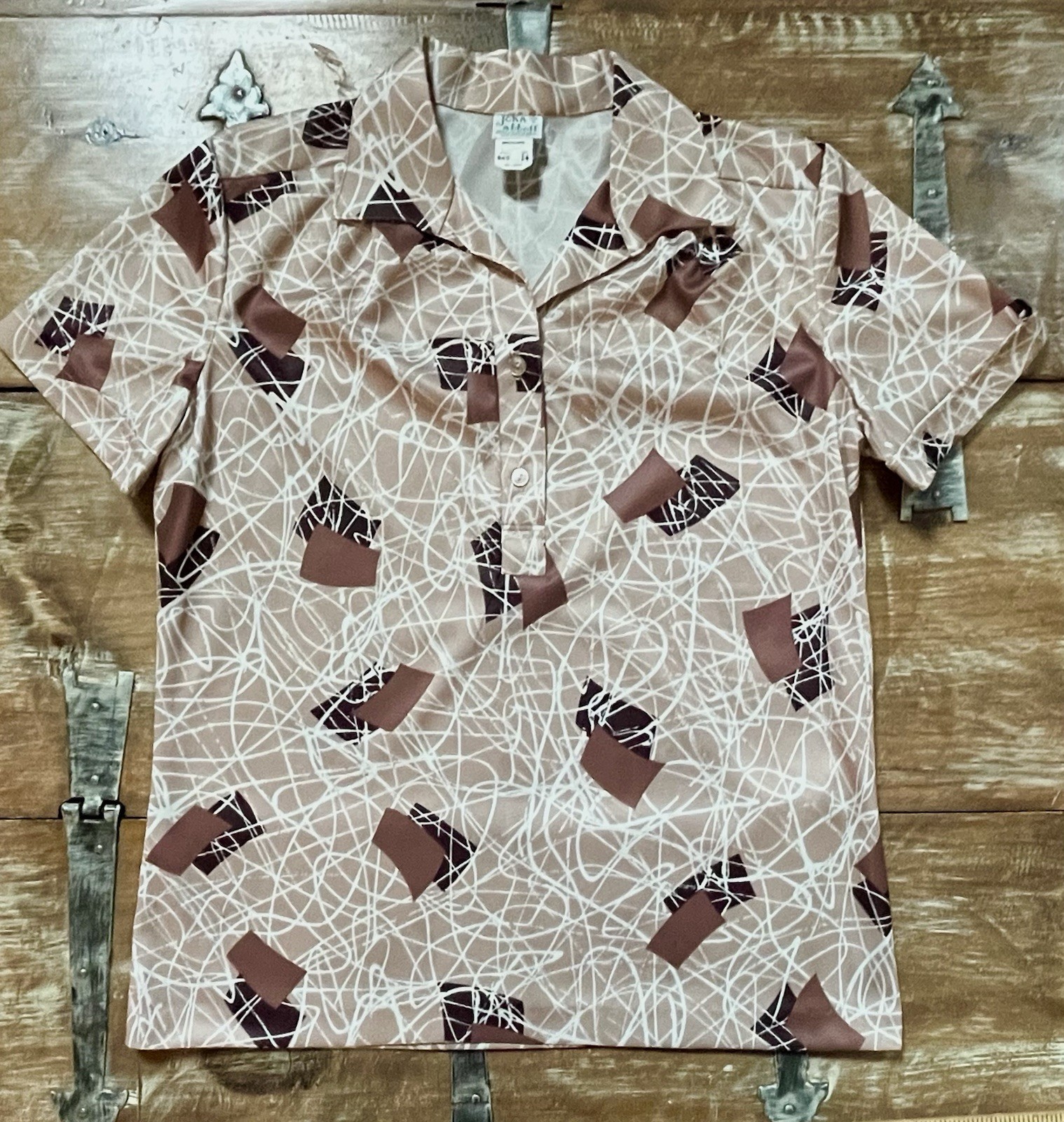 VTG John Abbott 60-70s Blouse Short Sleeve-Button Shirt RETRO-Abstract-14 L-XL