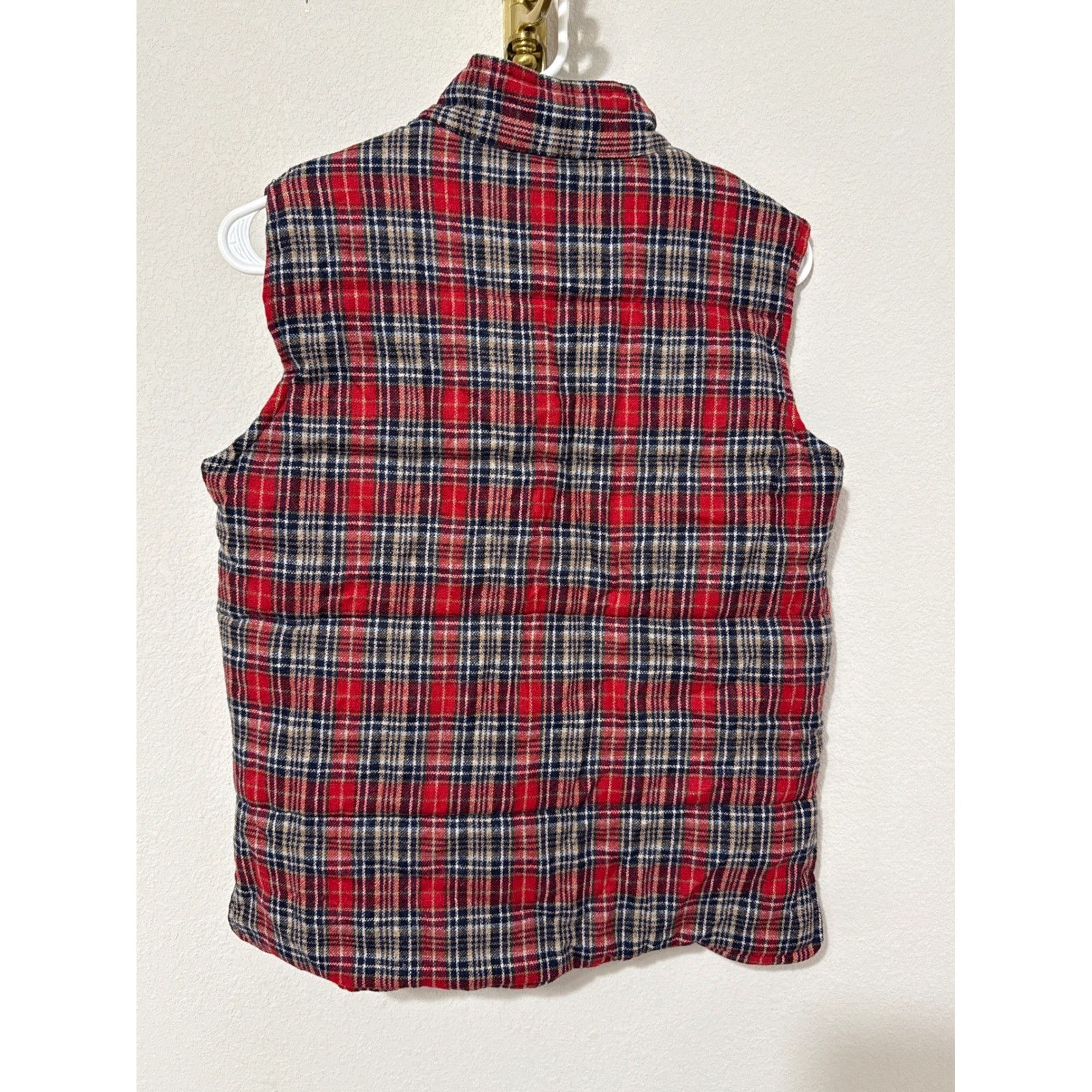 Vintage Reversible Wool Puffer Vest Women Small Navy Plaid Quilted Snap Front