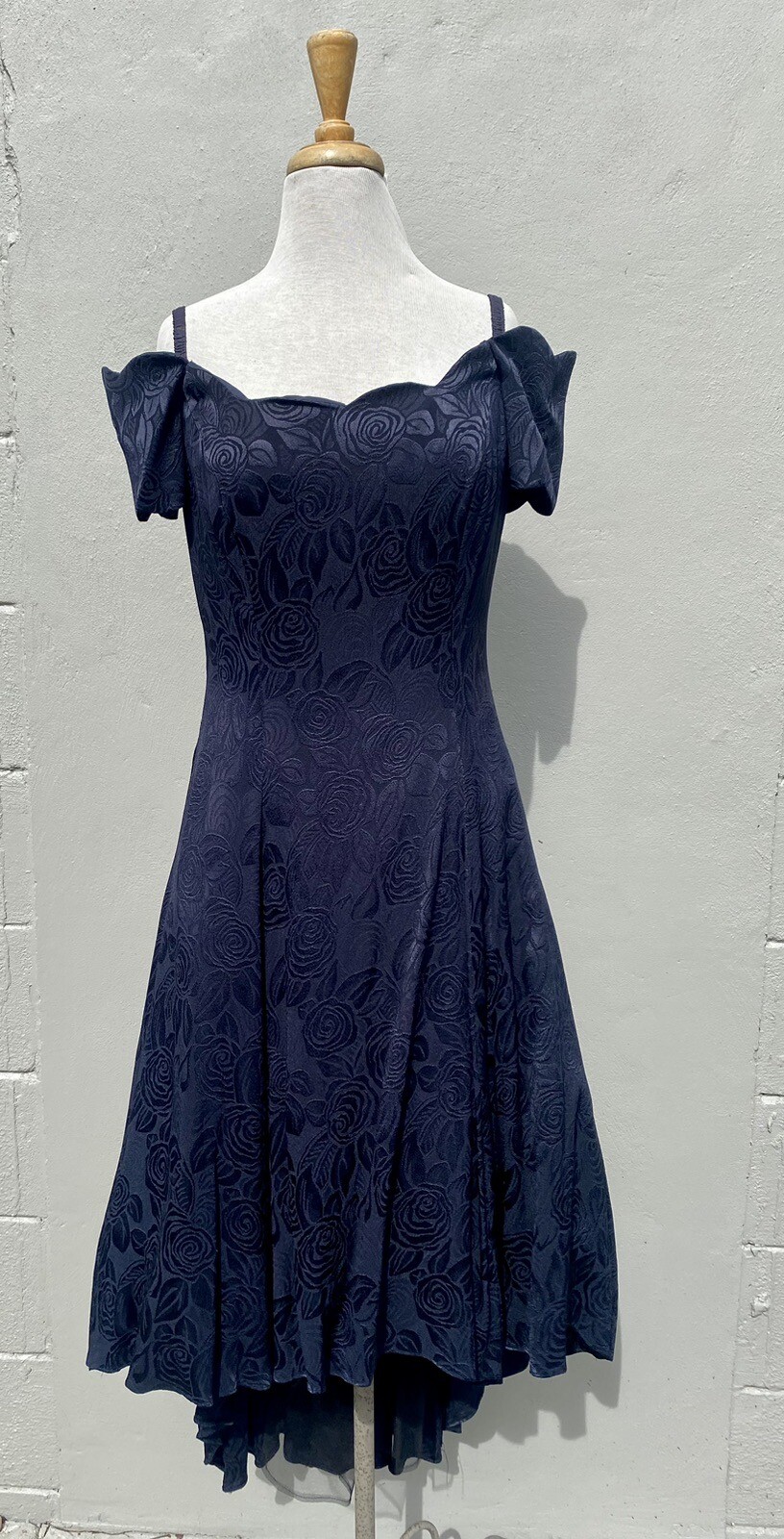 Vtg Hollywood Nites Blue Brocade Floral Formal Dress Midi Sz 14 Crinoline 90s