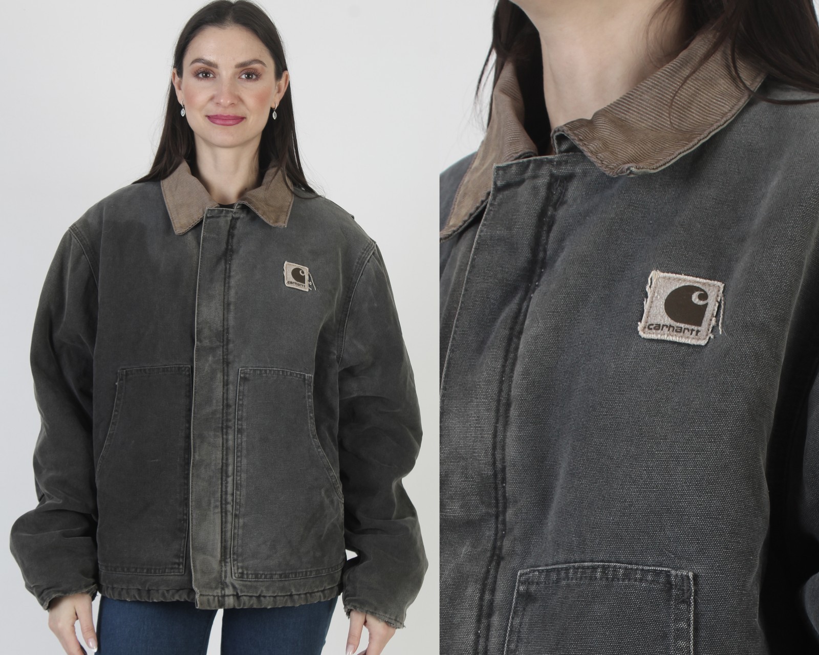 Vintage Carhartt Corduroy Collar Coat Insulated Black Chore Work Full Zip Jacket