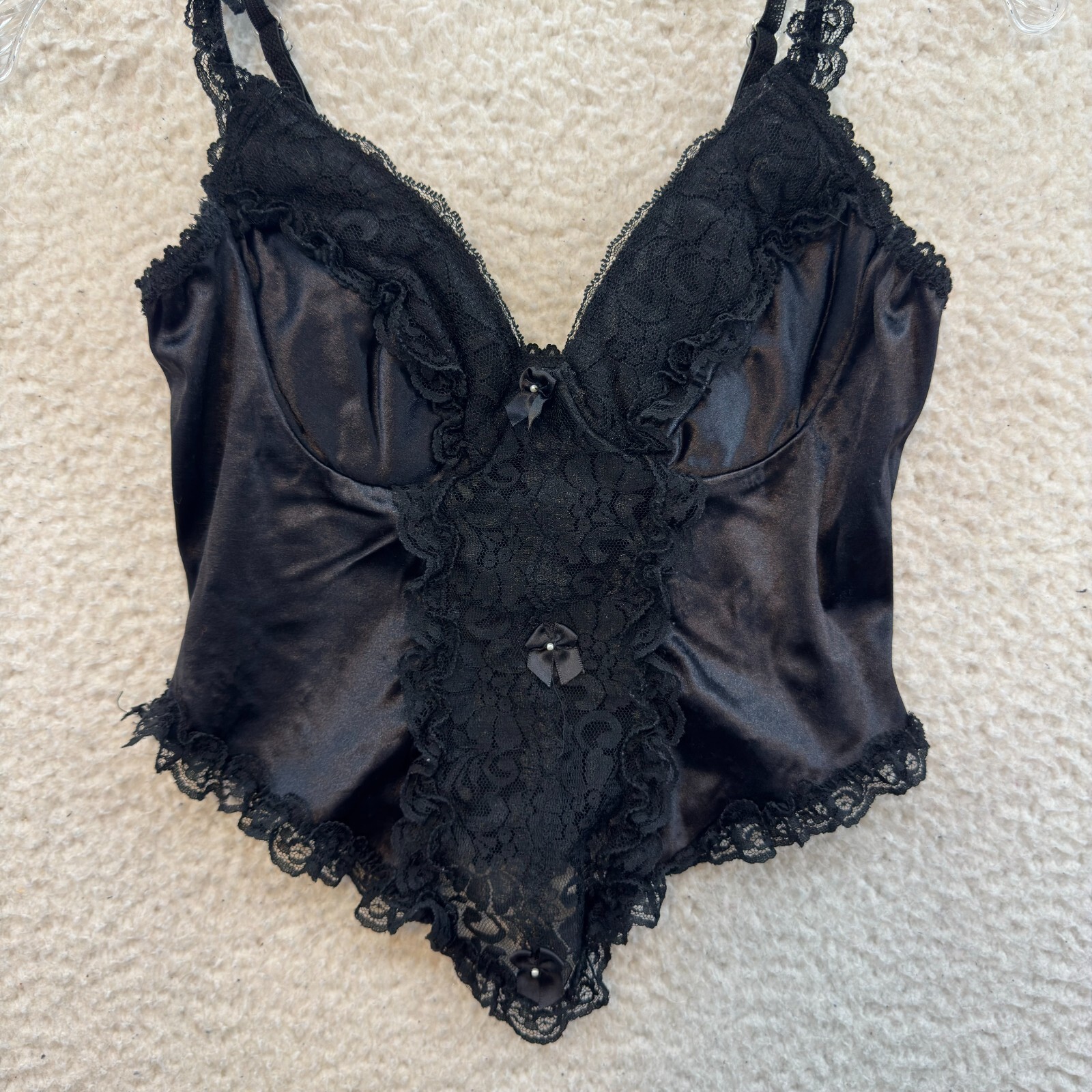 90s Vintage Camisole Lingerie Top Black Satin Lace Coquette Goth Fairy Victorian