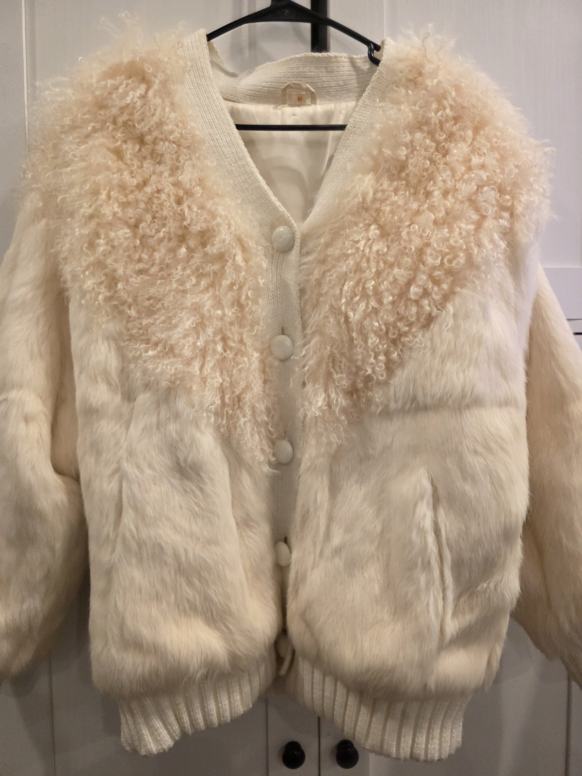 VTG Real Kid Goat Fur & Lamb Shearling Bomber Jacket Cream M Mixed Fur Knit