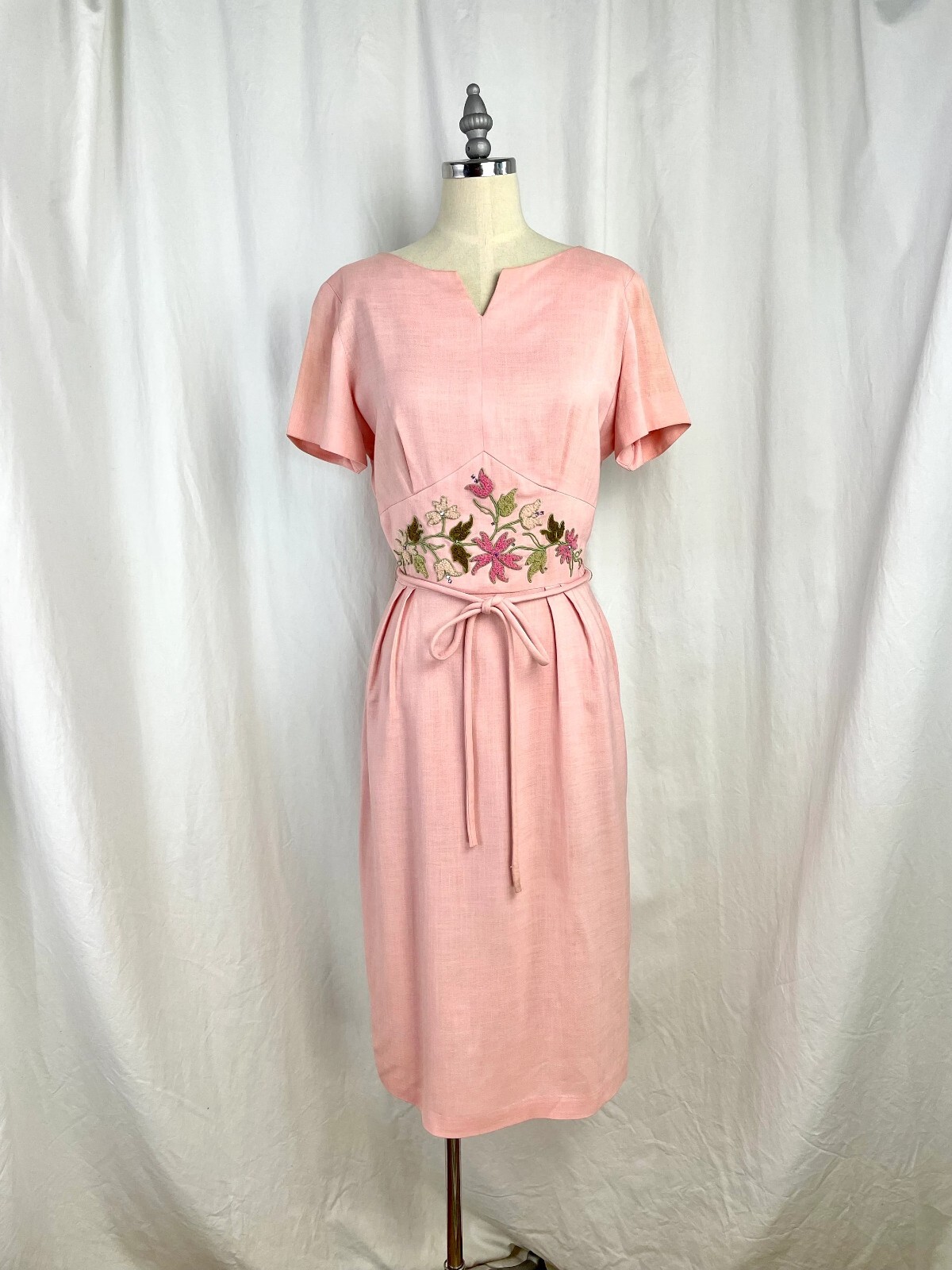 Vintage 60s Small Fashionmaker Original pink with soutache waist belted Dress