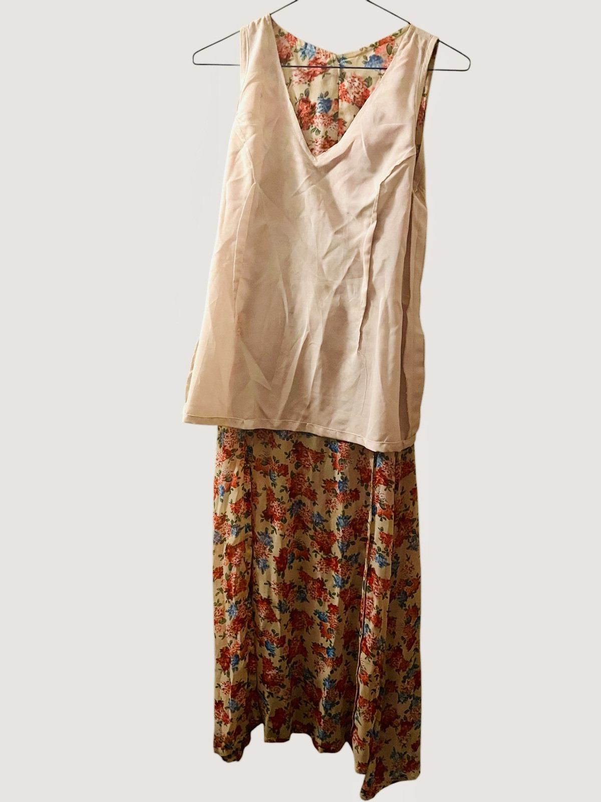 Vintage Silk Dress 1970s Floral Sheer Maxi Sexy Side Split V Neck Cottagecore S