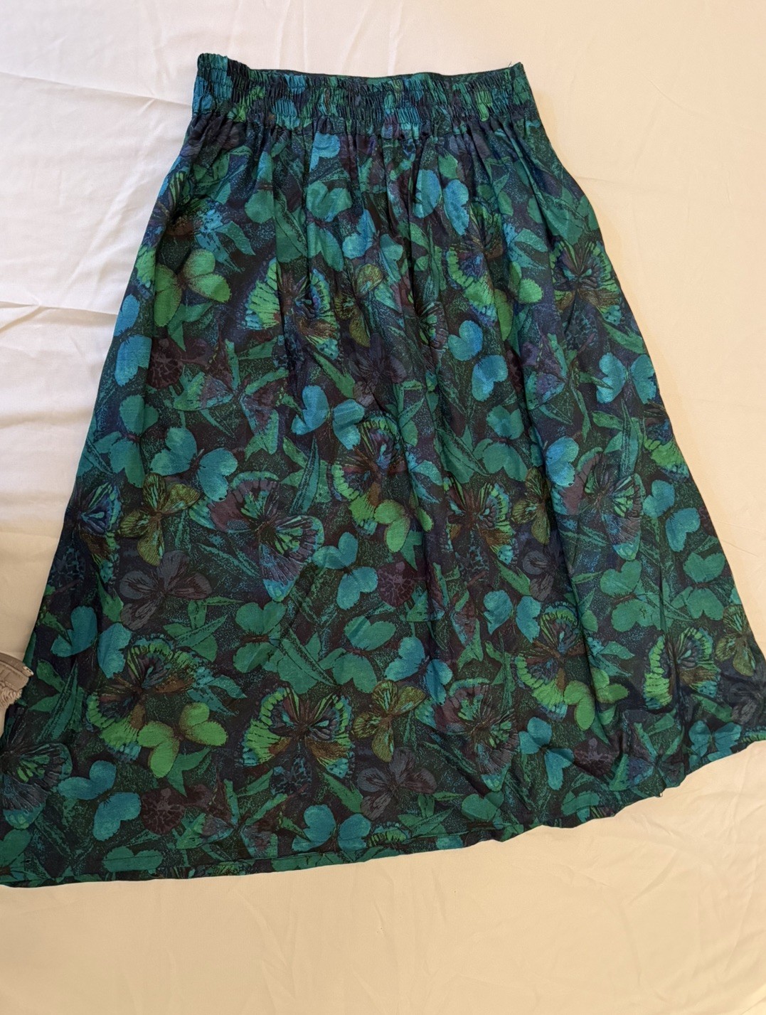 Chindamanee Thai Silk Butterfly Print Midi Skirt Green Blue Vintage Size S