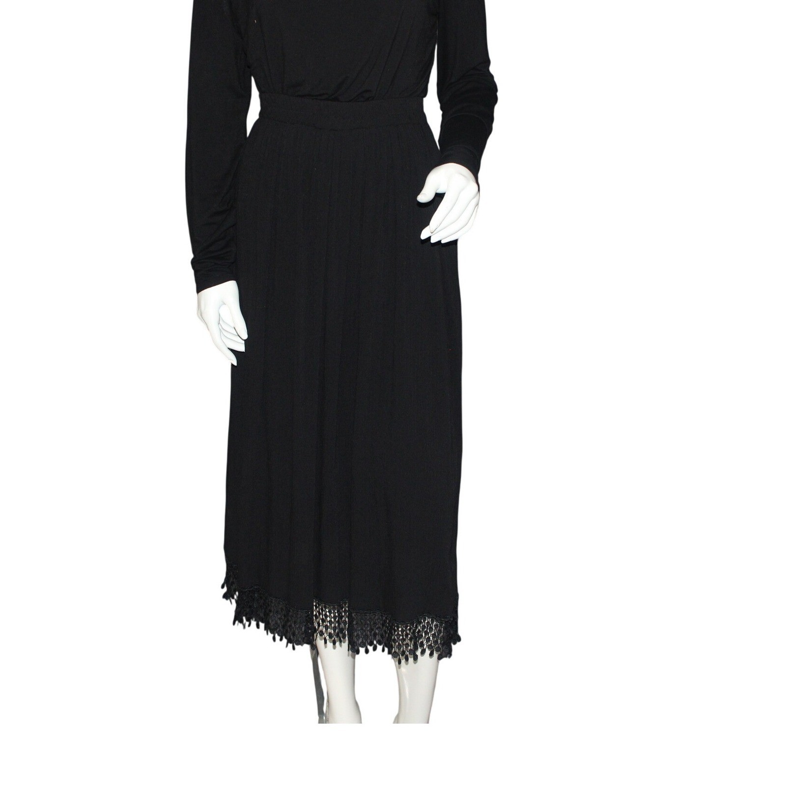 Vintage On the Rocks Black Midi Skirt Lace Hem Womens Large 70s