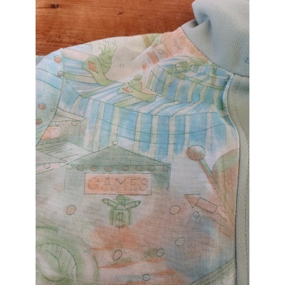 70s Green and Peach Carnival Theme Novelty Print Dagger Collar Shirt