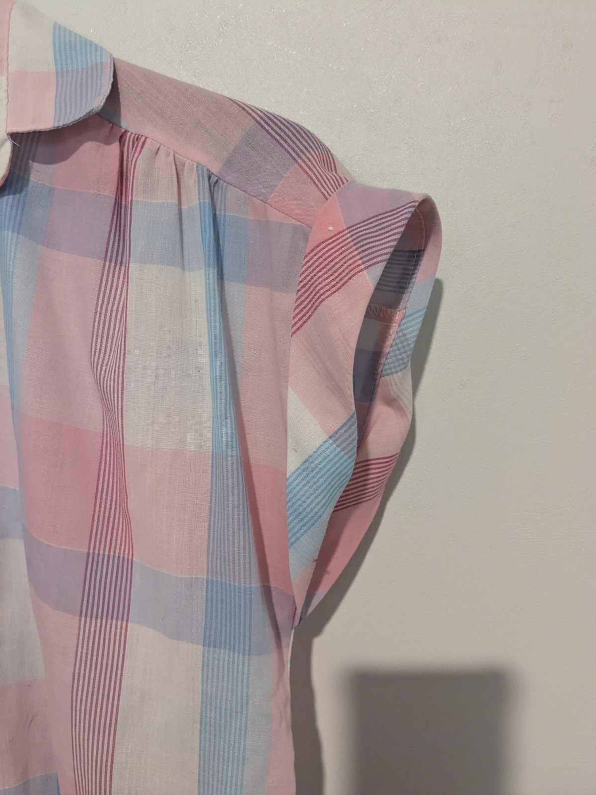 Vintage 80s Plaid Stripe Pink Blue Blouse Top S/ M Summer Cotton Bl Lady Donlin