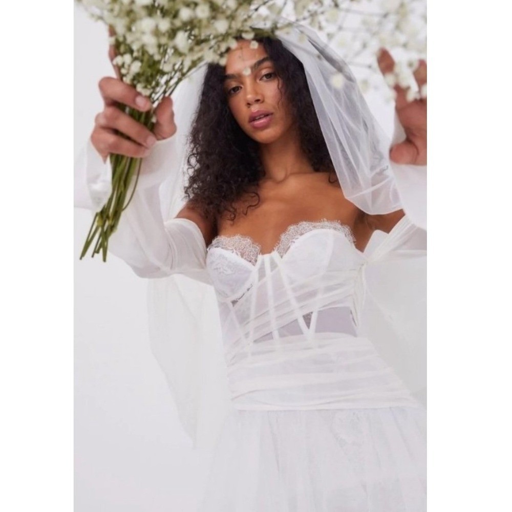 For Love & Lemons Eve Ivory Lace Corset High-Low Tulle Gown Sz Large Wedding