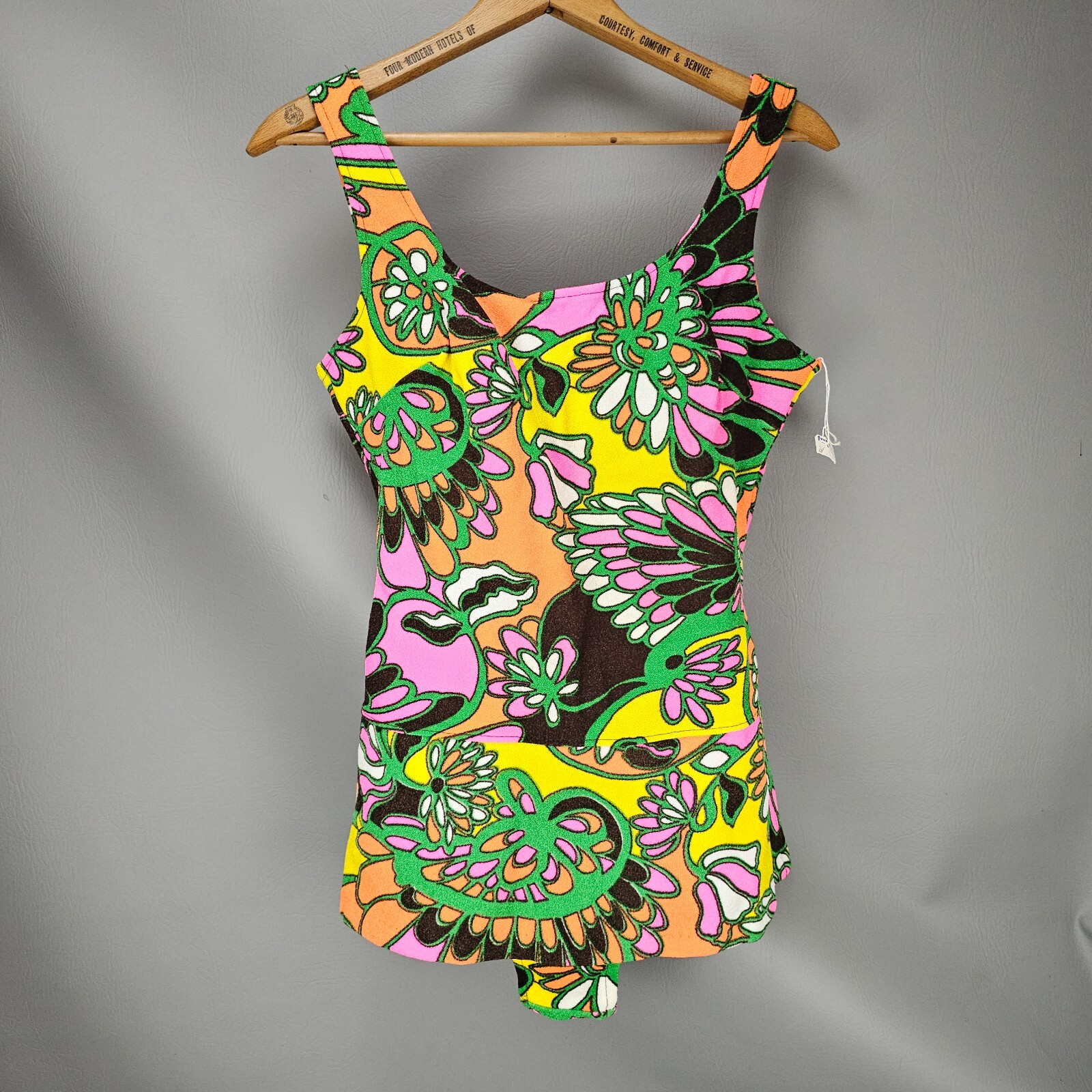 Deadstock NWT 60’s Skirted Swimsuit Neon Flower Power Retro Mod Go-Go Modern Med