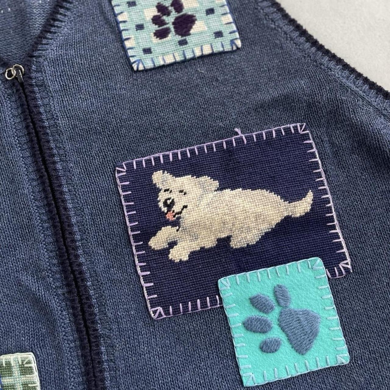 Eagle’s Eye Blue Knit Embroidered Cross Stitch Dog Zippered Sweater Vest Granny