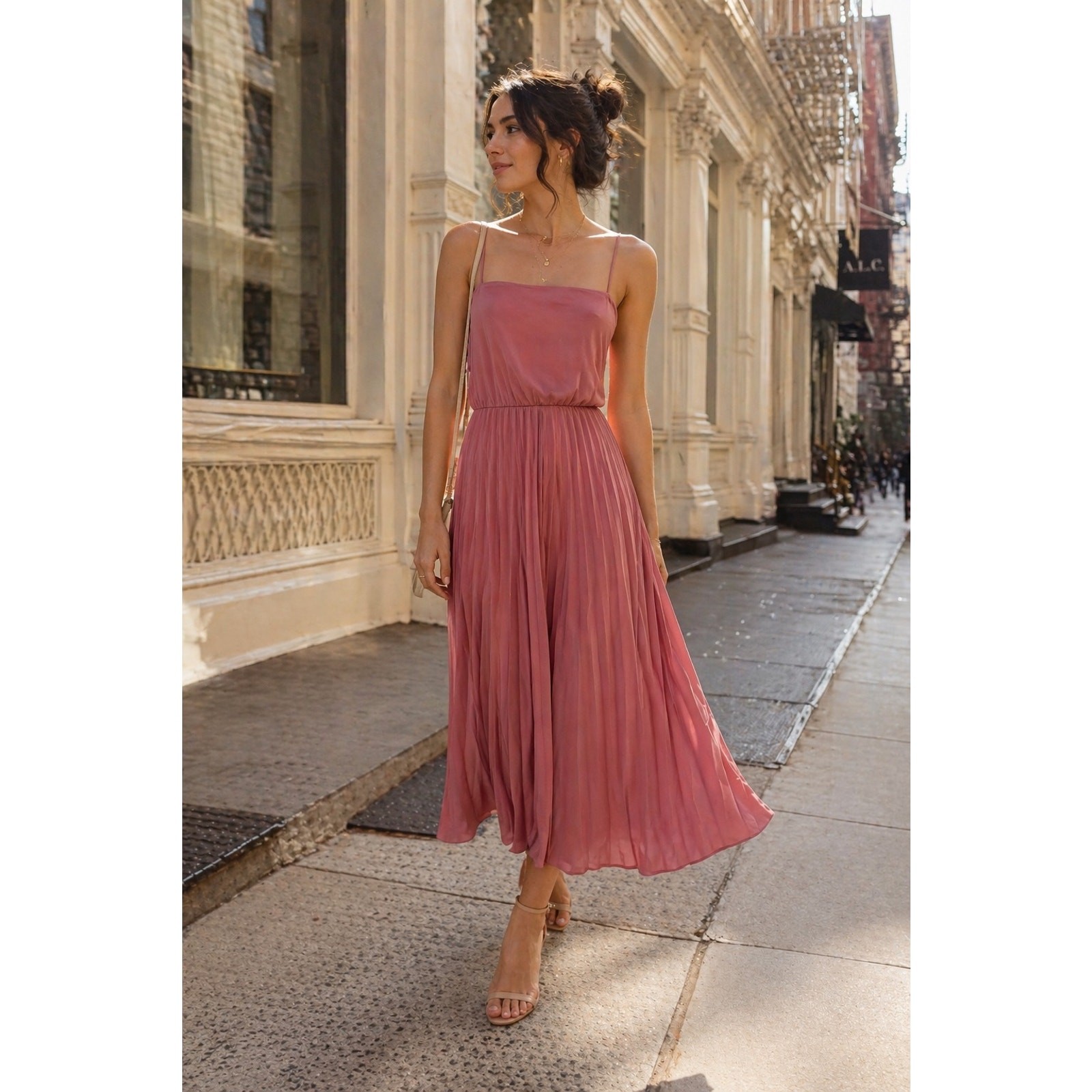 Vtg 80s Mauve Pink Pleated Midi Dress Spaghetti Strap Romantic Grecian Size 6