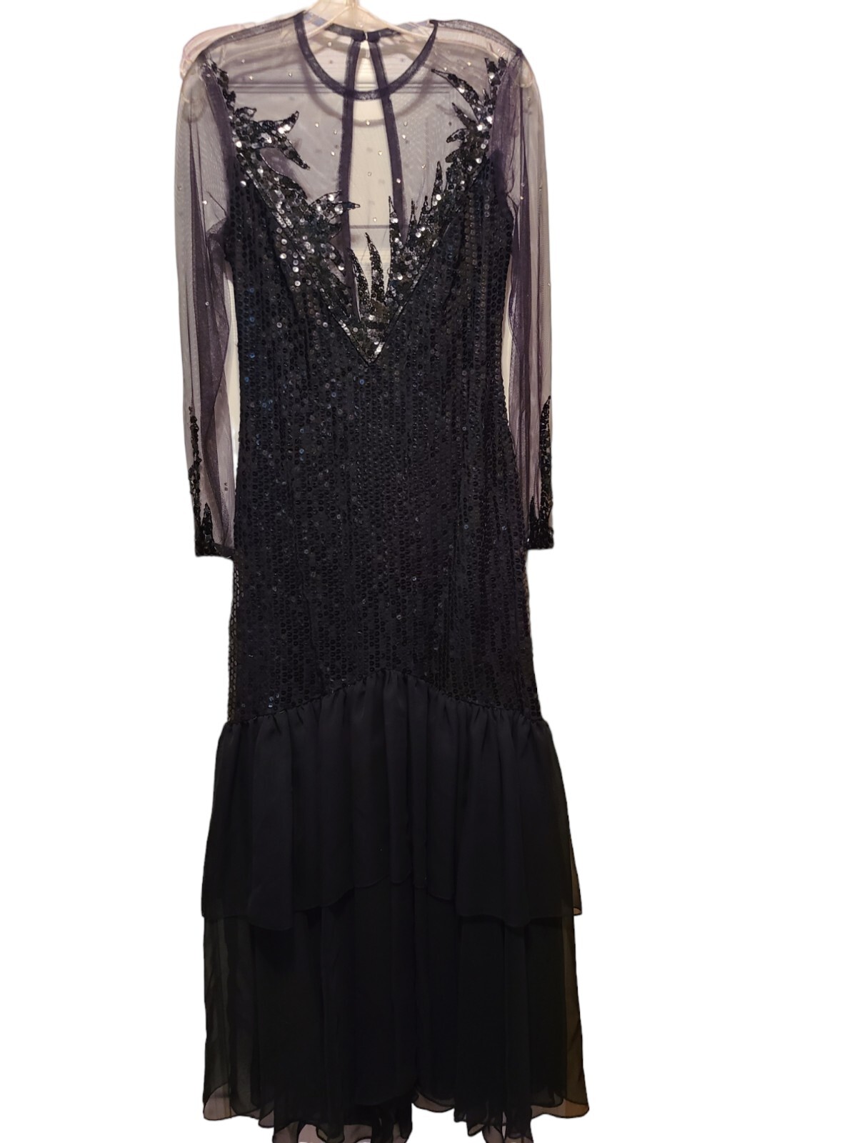 Sequined Evening Cocktail Dress Black With Chiffon Tier Skirt ILGWU USA Vintage