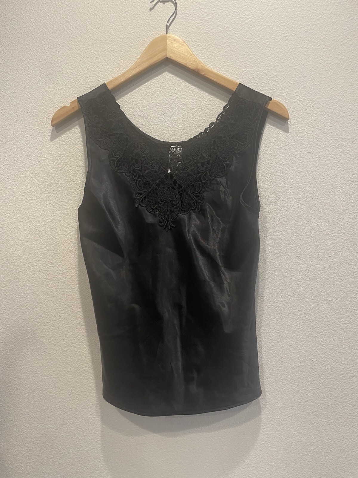 VTG Cinema Etoile SZ S Black Glossy Charmeuse Camisole Tank Lace ROMANTIC SEXY