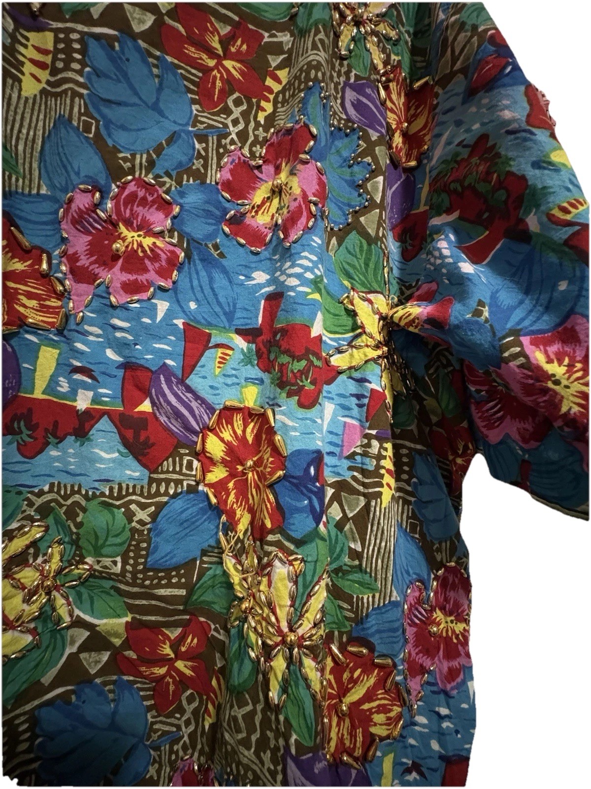 Vintage Roamans Beaded Blouse Size 2XL Gold Beads Bright Flowers Keyhole Back