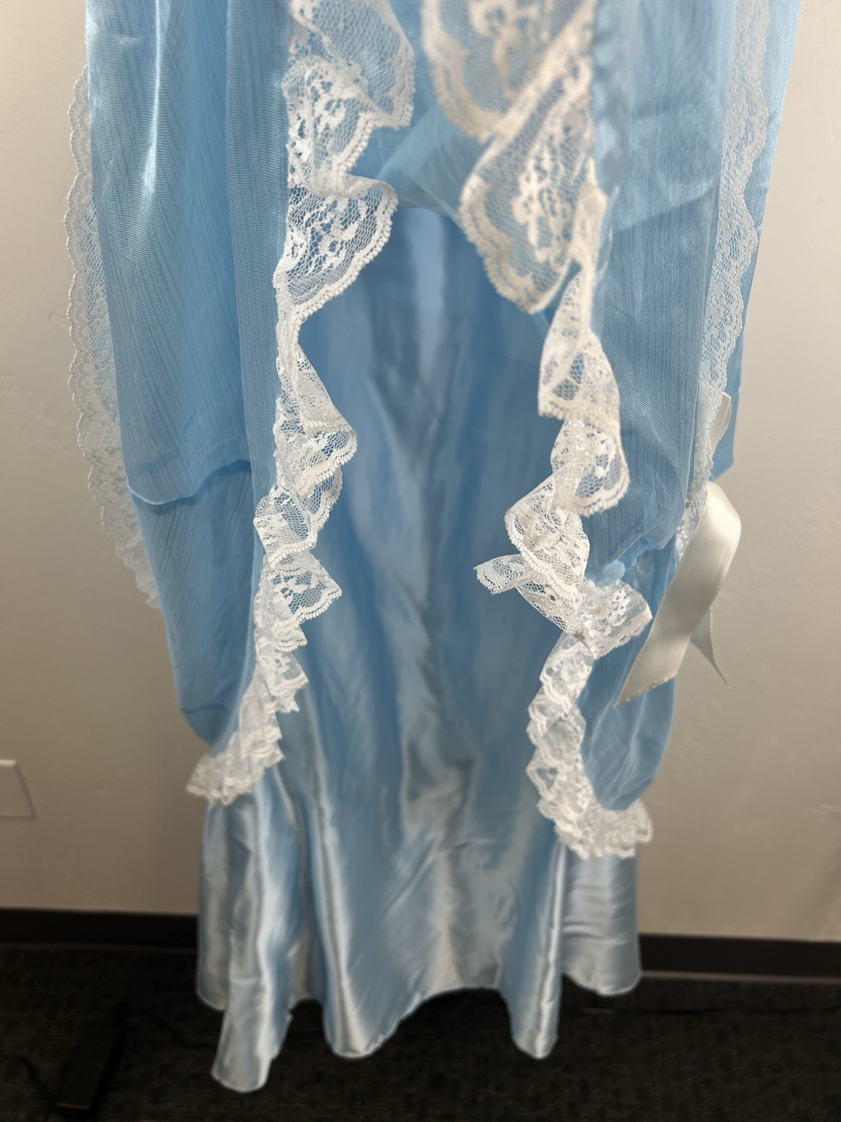 Vintage 70s Formal Blue Satin Gown Lace Trim Bows Princess Theatrical Costume