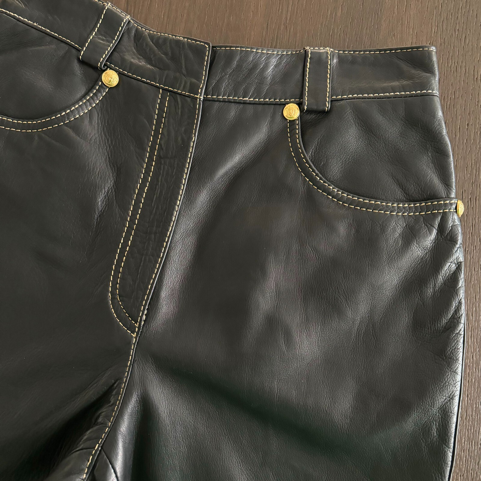 GIANNI VERSACE black leather pants w/ gold stitch size IT 42 from F/W 1992/93