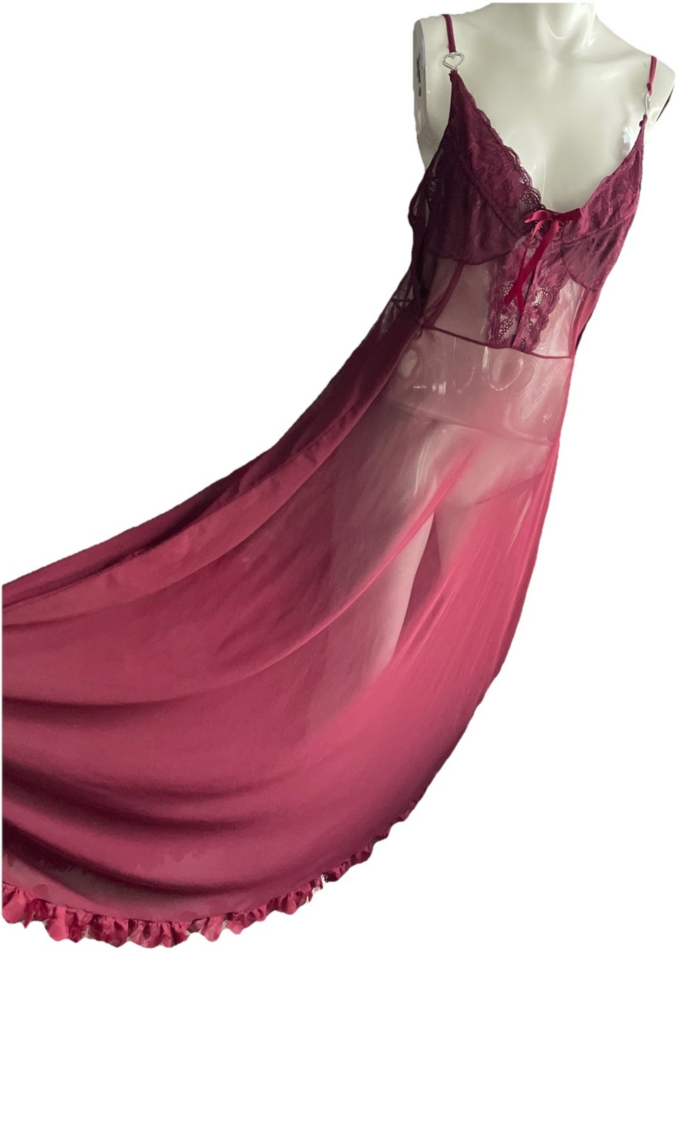 1950’s Negligee LaceBow Sheer spaghetti Strap Sz XL Burgundy