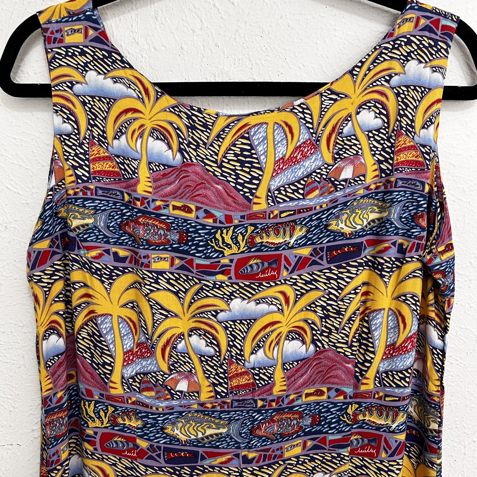 Reyn Spooner Miley Collection VTG Dress Hawaiian Fishes Palm Trees Aloha Size M