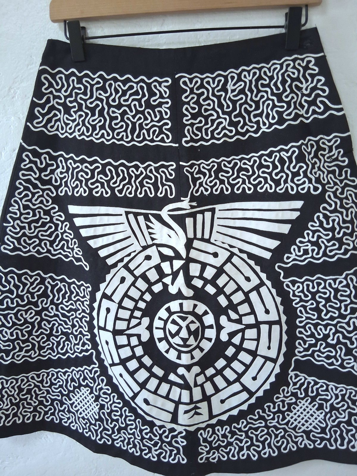 1950s Mexican Tourist Skirt Suede Applique Aztec Calendar Soutache Folk Art