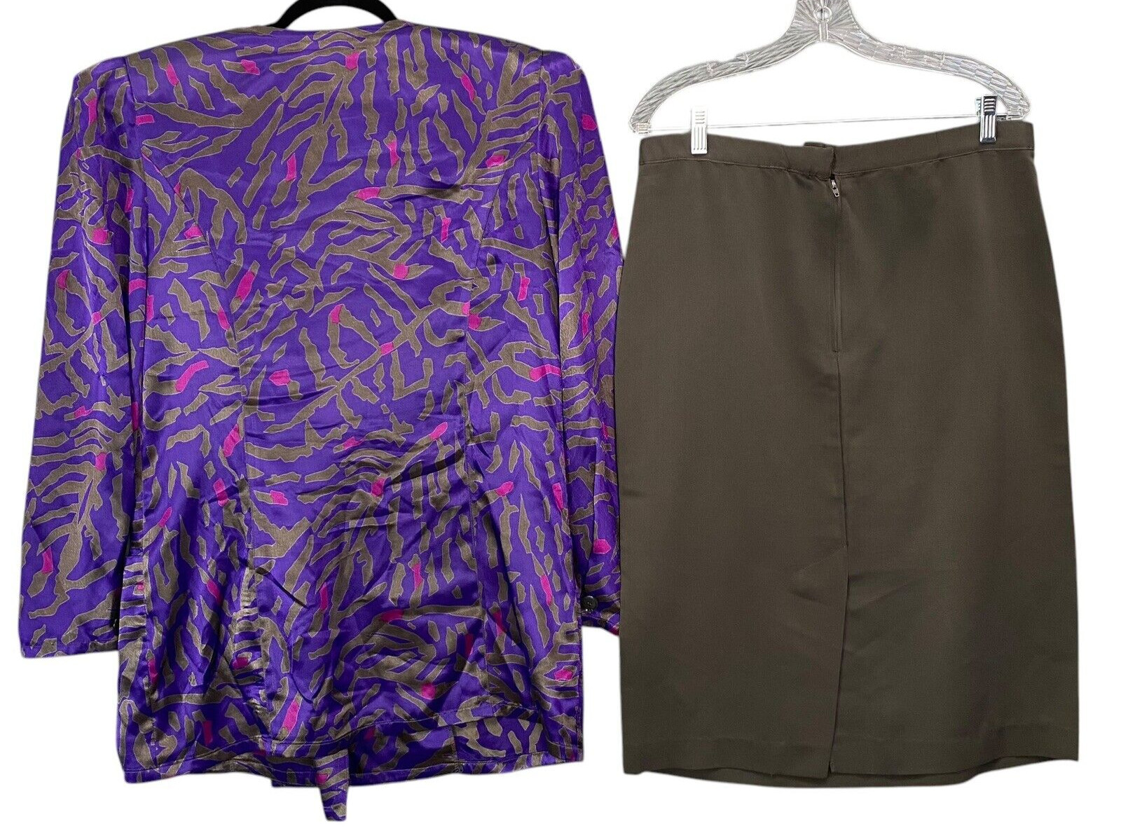 Vtg DONNA MORGAN Women Blazer Skirt Set Sz 11/12 Purple Green Event Party 72-6