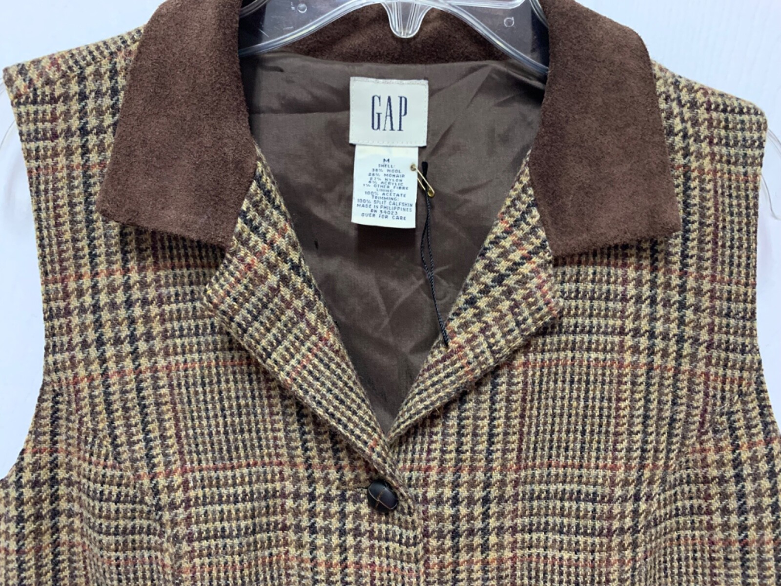 vtg Gap vest size M & pants size 4 menswear brown Plaid wool blend calfskin EC