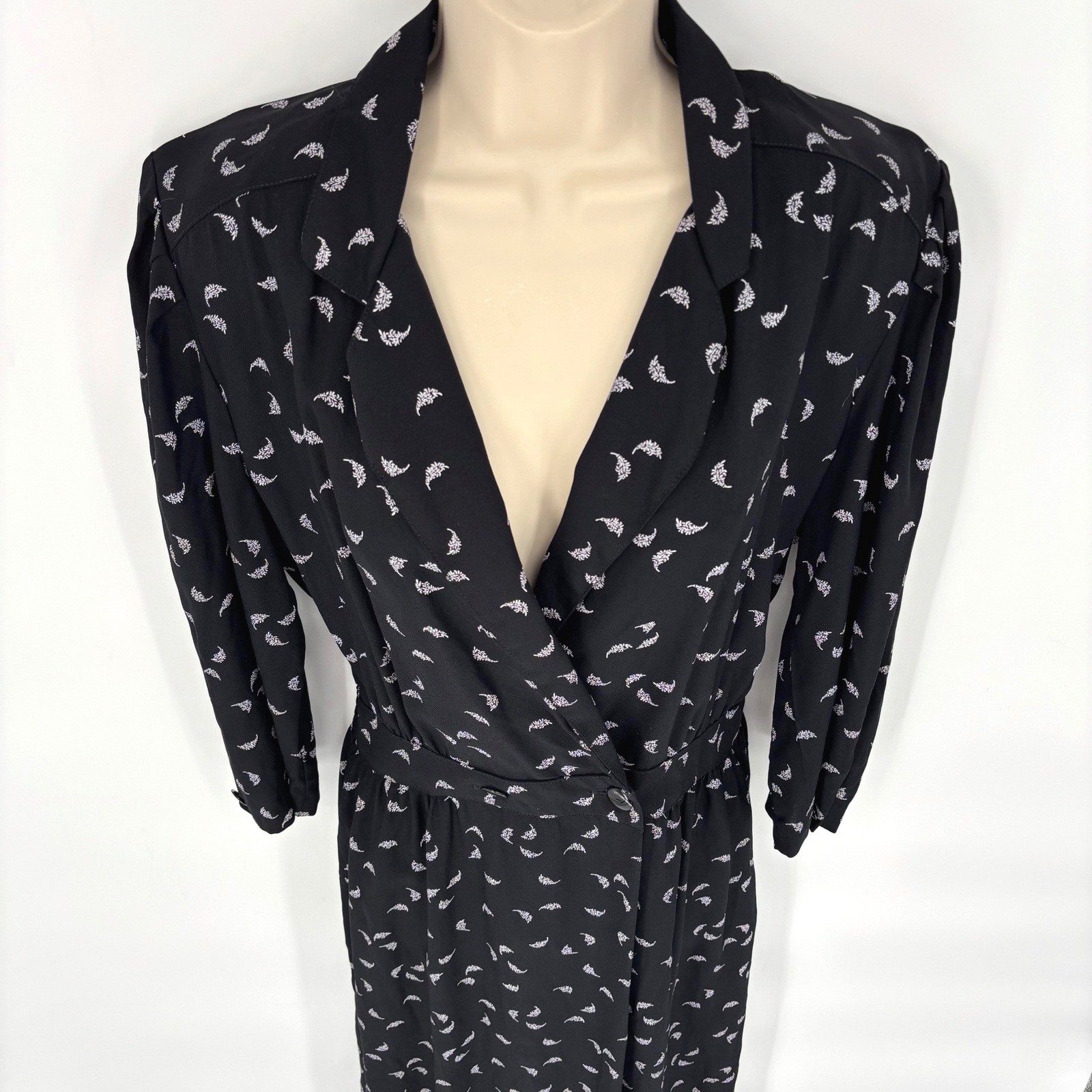 Vintage REO Black White Leaf Print Faux Wrap Midi Dress 80s Career Retro Sz 14