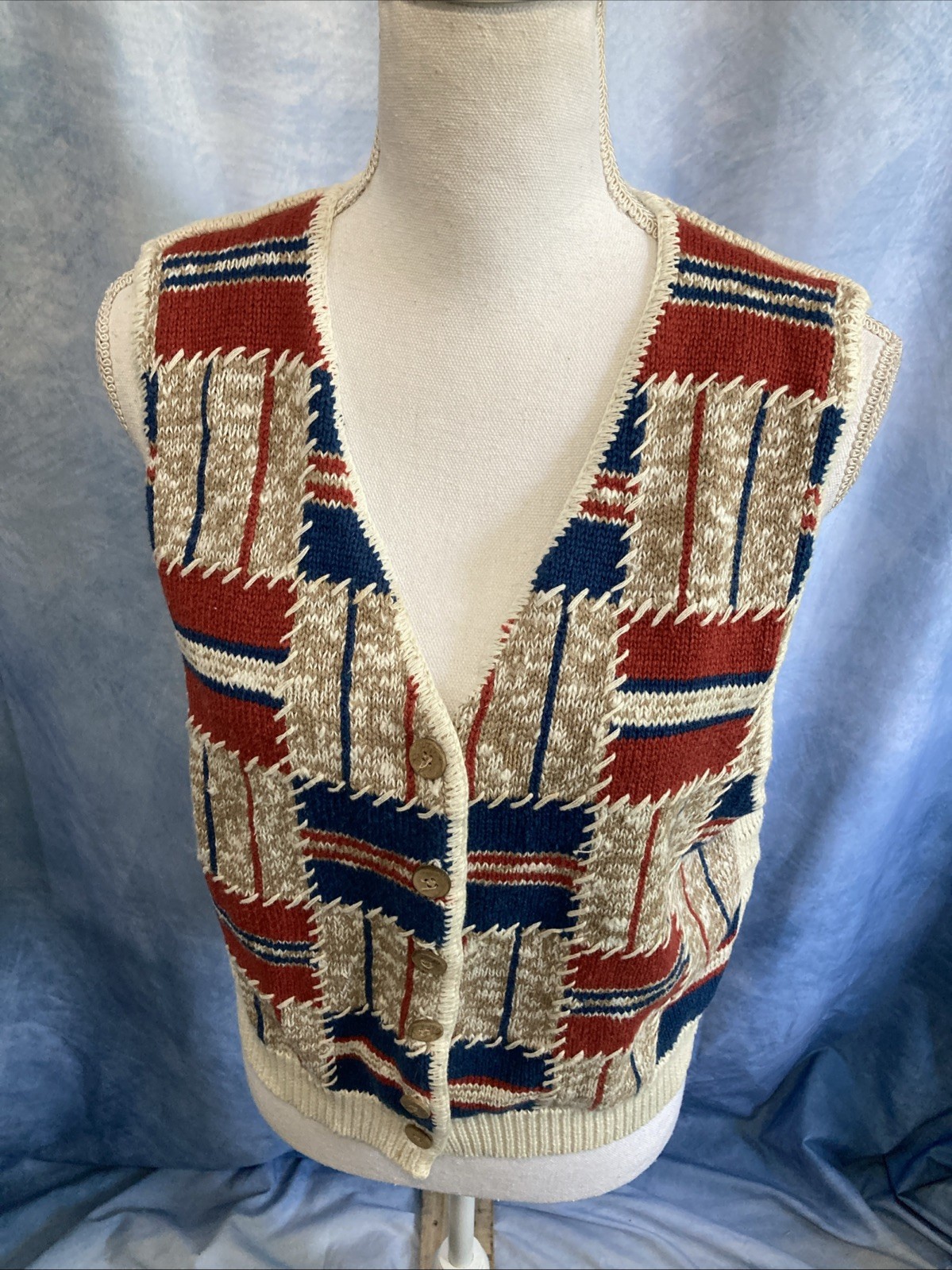 Vtg 80s 90s Russ Sport Geometric Patchwork Knit Sweater Vest Small Cotton Ramie