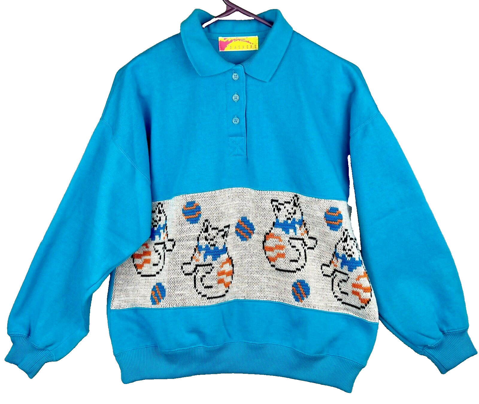 VTG 1980’s Dashers Sweatshirt w/ Buttons Collar Orange Cats Blue Soft Girl
