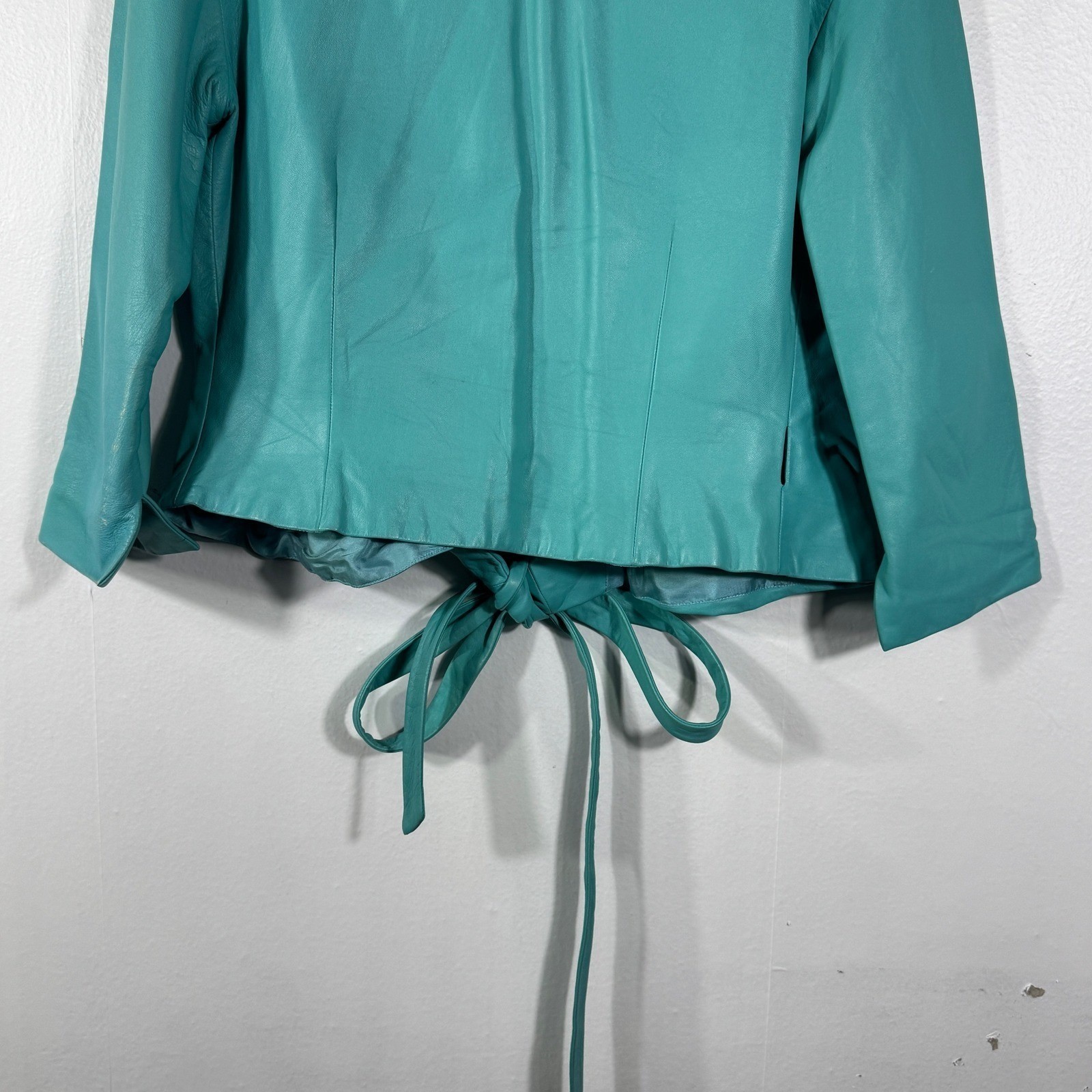 Badgley Mischka Vintage Teal Leather Jacket Silk Lined Cropped Tie Waist Sz M/8