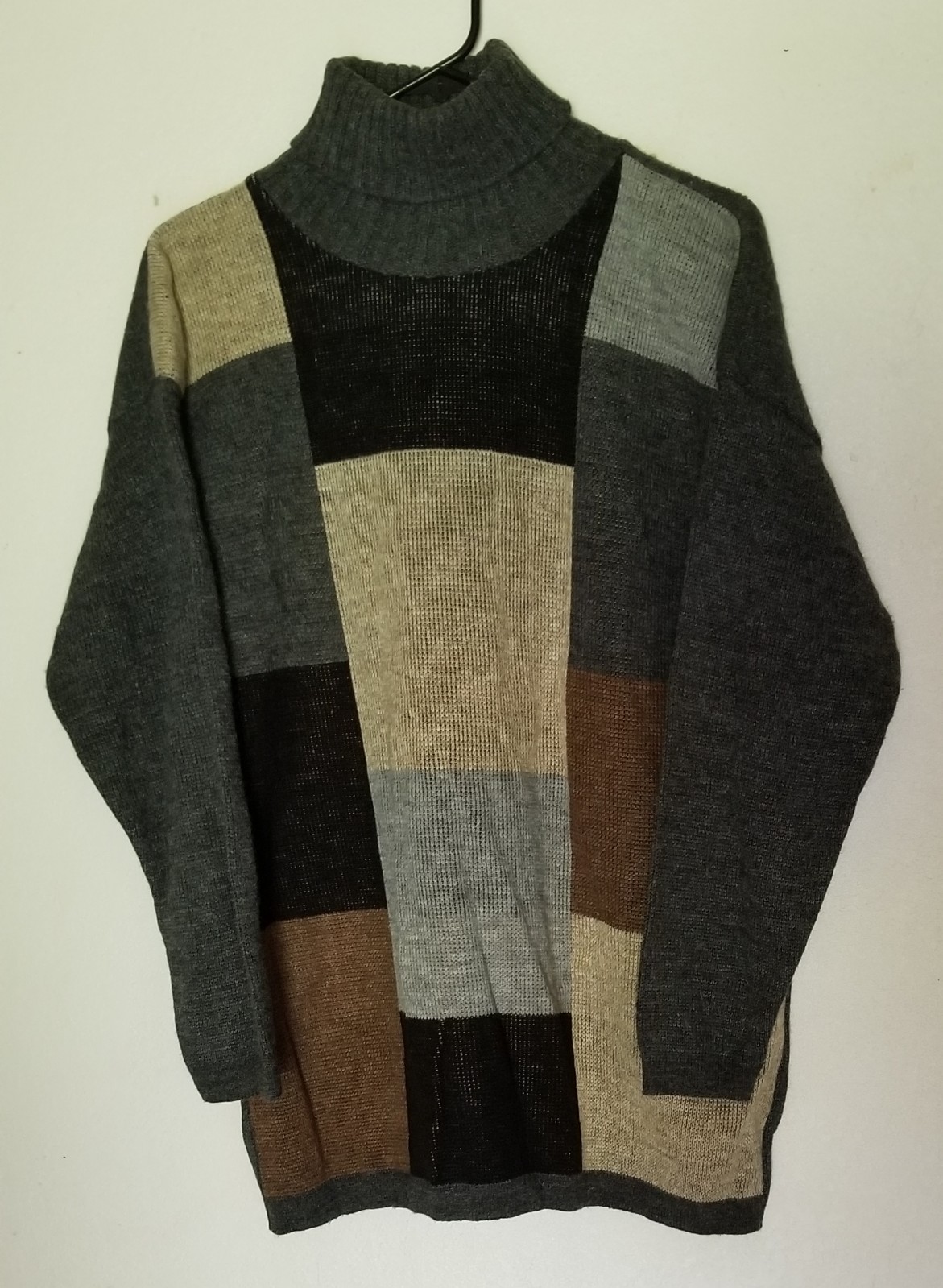 Vintage 80s Cos Cob Turtle Neck Sweater LARGE Colorblock Ribbed Knit Brown Multi
