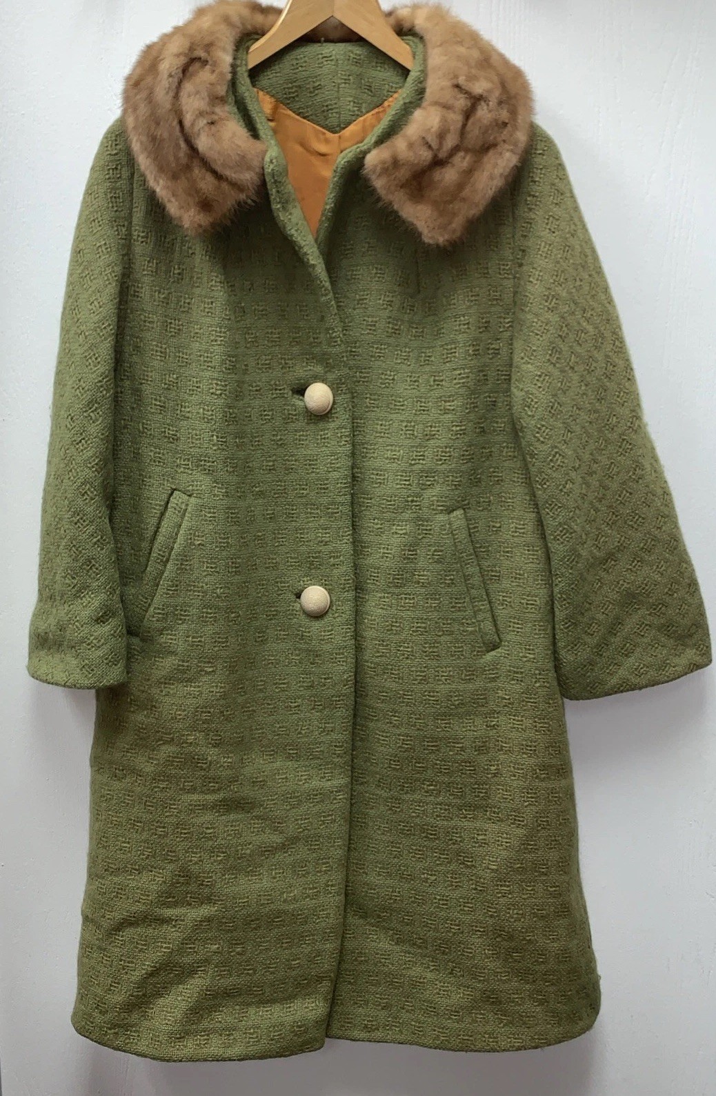 Vintage 50s 60s Tweed Wool Fox Fur Collar Swing Green Coat M USA Union Made