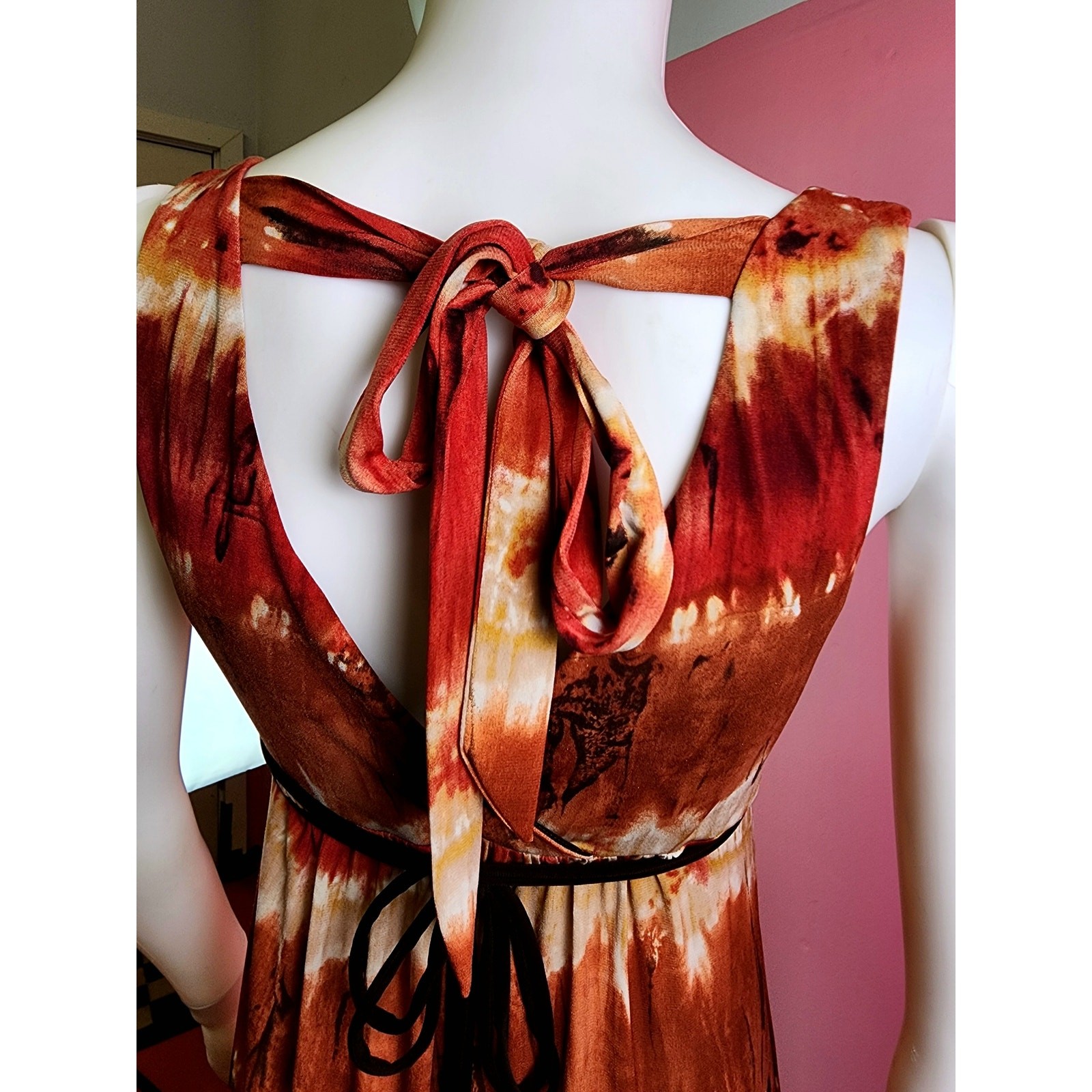 Vintage Y2K Fire Tie Dye Red Rust Brown Tortoise Shell Bead Maxi Dress by BCX