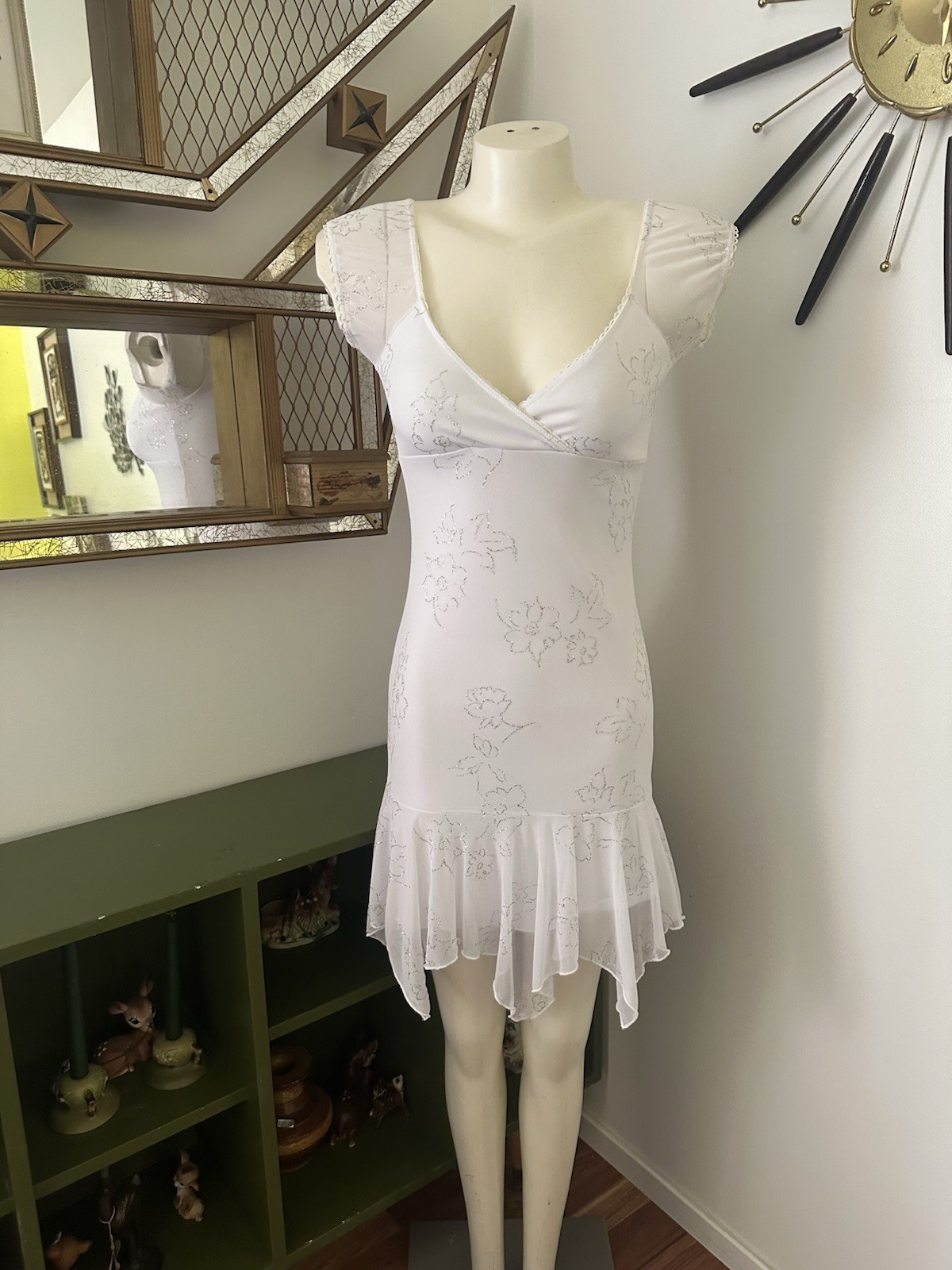 Vintage Y2K White Silver Mini Dress Fairy Hem By Taboo Sz S