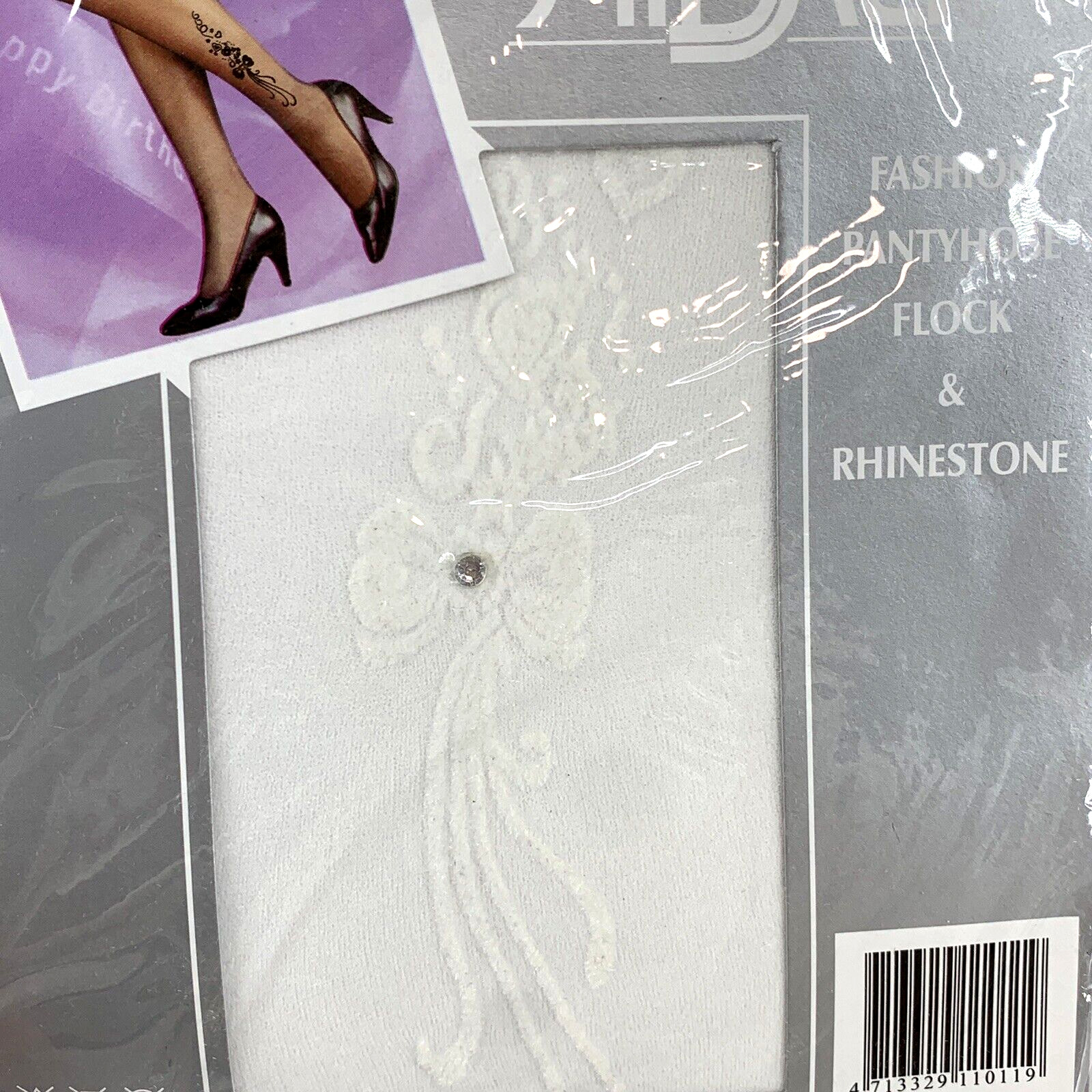 Vintage Hibaly Pantyhose White Flocked Bow & Rhinestone One Size 100-175lb Pinup