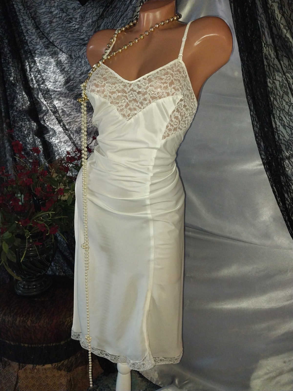 VTG 40’S SATIN CHANTILLY LACE DECO DOWTON DRESS SLIP NIGHTGOWN EDWARDIAN LACE S