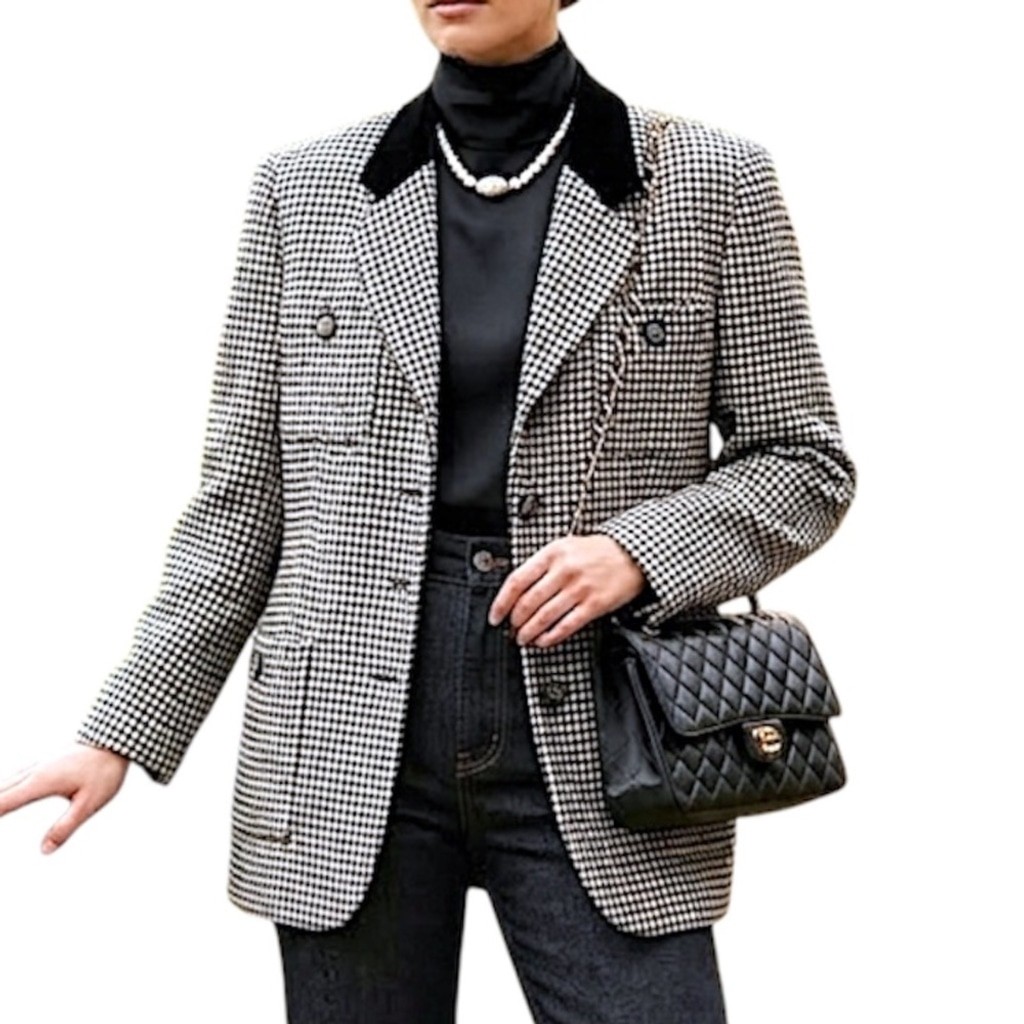 Vintage 80s 90s pure wool black white houndstooth old money oversized blazer 10