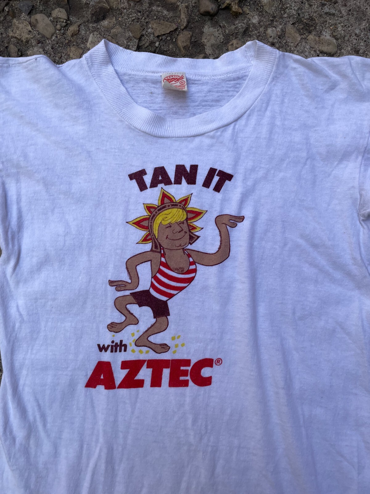 True Vintage 1960’s 'Tan It’ Aztec Sun Tan Lotion Graphic Ringer T-Shirt Size S