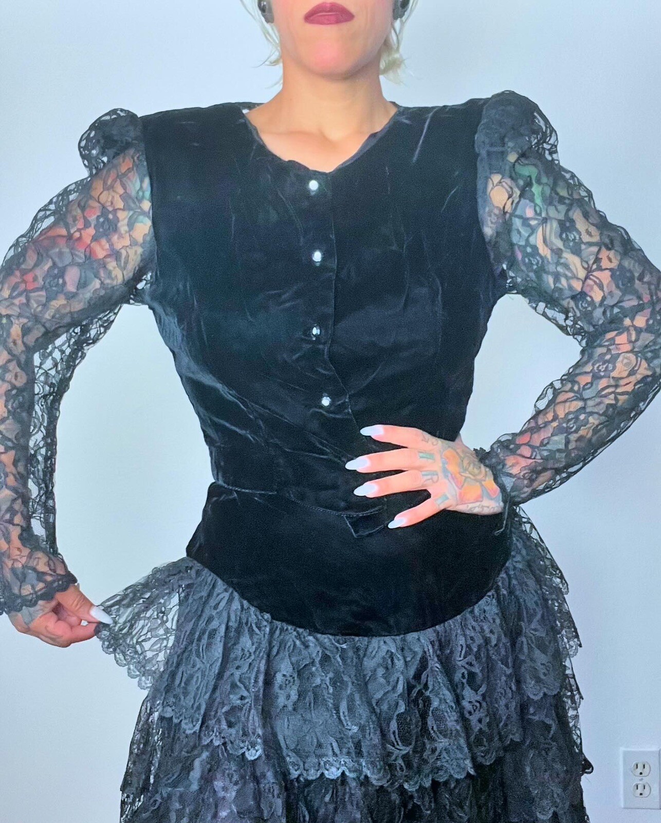 GOTH Punk 1980’s 80s Vintage Velvet & Sheer Lace Sleeve Prom Top Skirt Dress S M