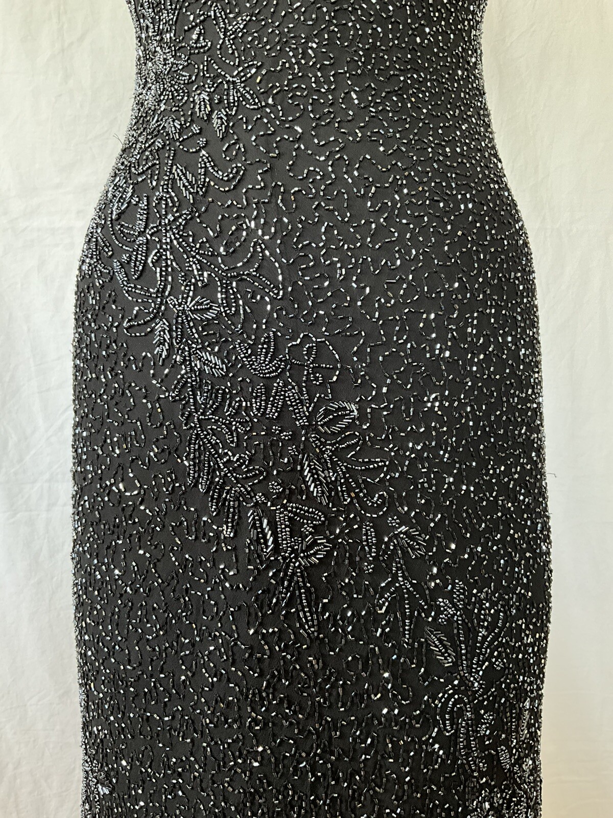 Vintage Black Beaded Silk Slip Long Dress Size XS Missing Label Mint Condition