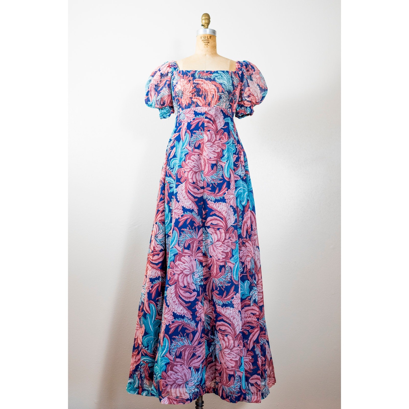 Vintage 70s Puff Sleeve Floral Maxi Dress Pink Blush Blue, Sheer Muslin Gauze XS